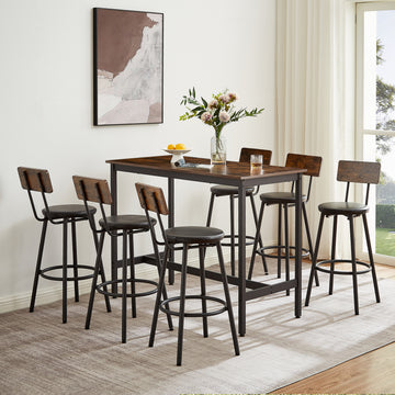 Pub High Dining Table 7 Piece Set, Industrial Style Pub Table, 6 Pu Leather Bar Chairs For Kitchen Breakfast Table, Living Room, Bar, Rustic Brown, 47.2 L X 23.6"W X 35.4"H Rustic Brown Particle Board