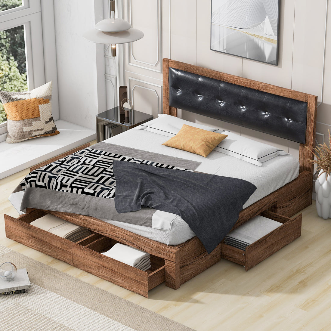 Queen Size Wood Platform Bed With Upholstered Headboard And 4 Drawers Box Spring Not Required Queen Walnut Wood Bedroom Bed Frame Faux Leather Solid Wood Mdf