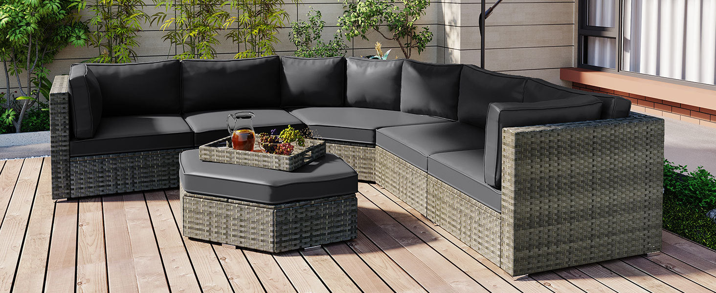 Patio Furniture Set, 6 Piece Outdoor Conversation Set All Weather Wicker Sectional Sofa With Ottoman And Cushions And Small Trays Grey Rattan