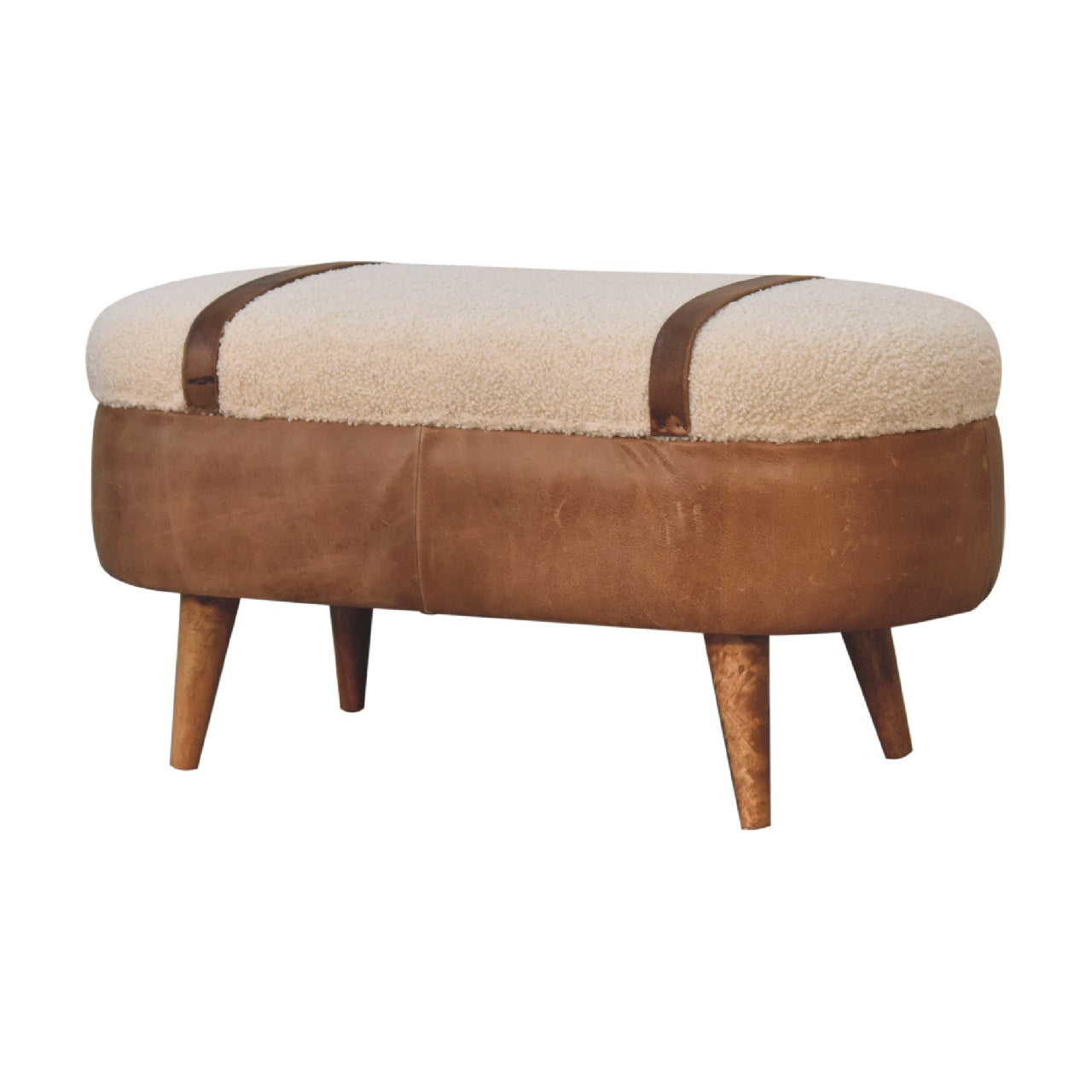 Tan Buffalo Boucle Nordic Bench Tan Leather Wood Fabric