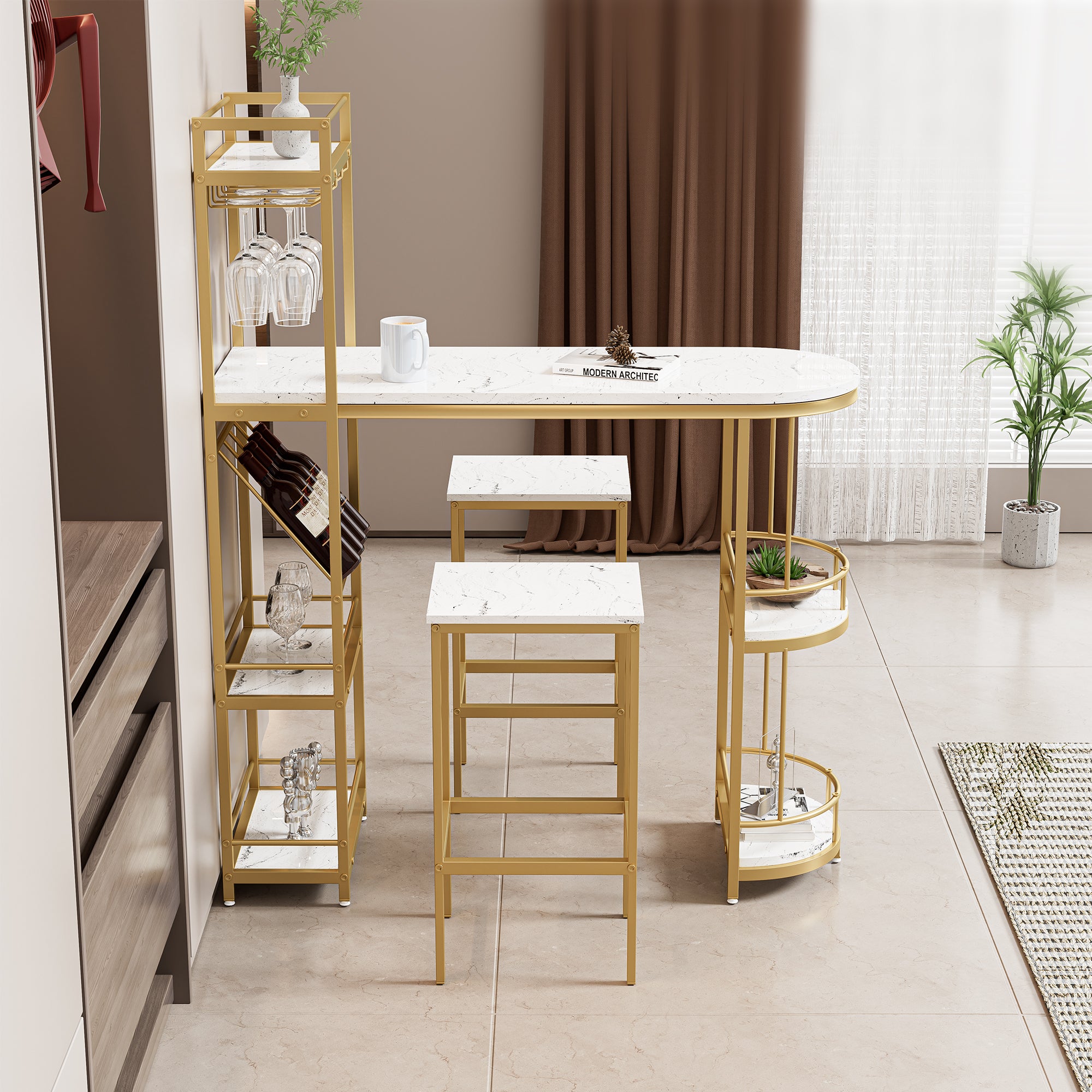 3 Pcs Bar Table and Chairs Set, Modern White
