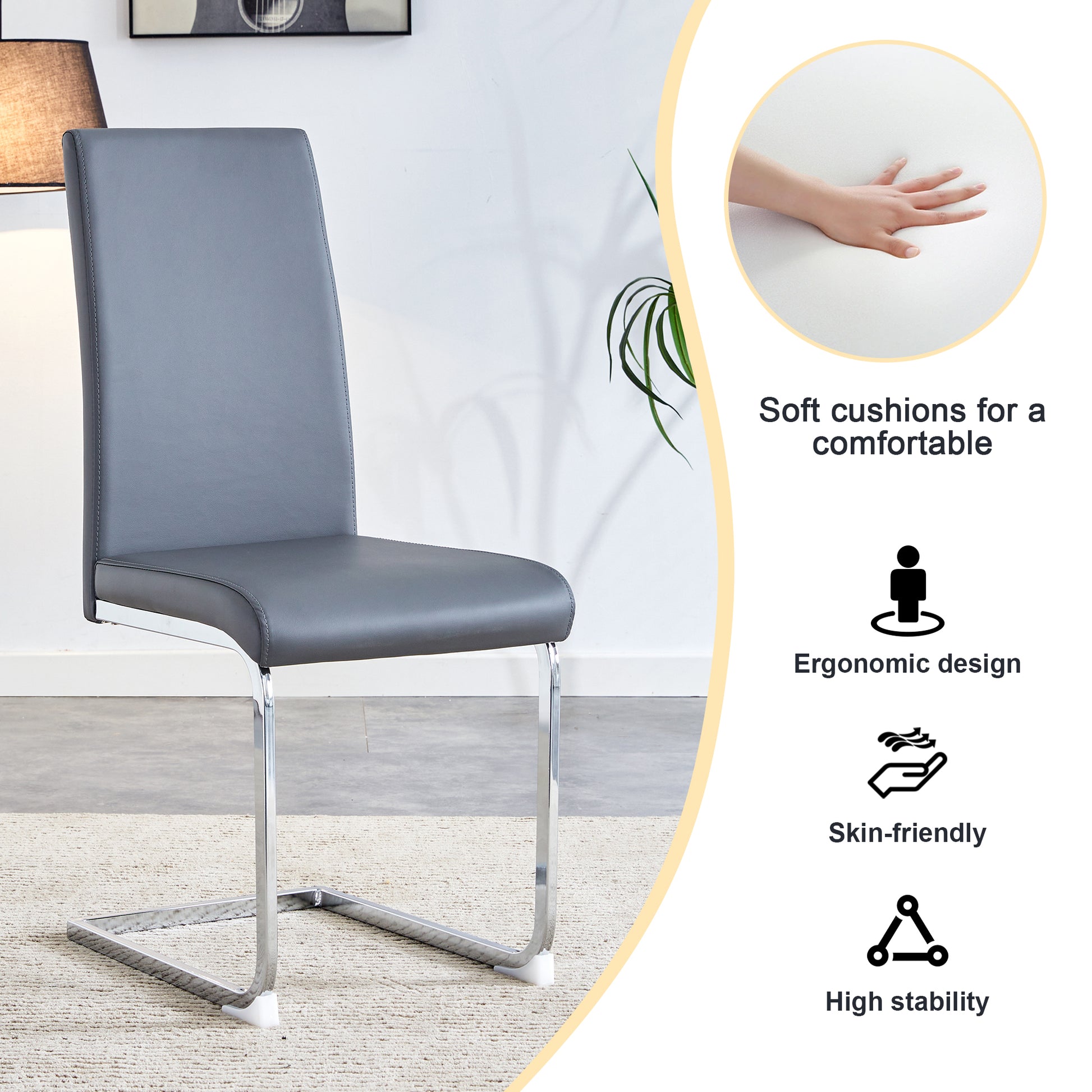 Modern Dining Chair, Pu Faux Leather Backrest Cushion Side Chair, Suitable For Dining, Kitchen, Dressing Table, Terrace, Club Guest Office Chair Set Of 4 Gray Pu Leather Dx 2268 Gray Pu