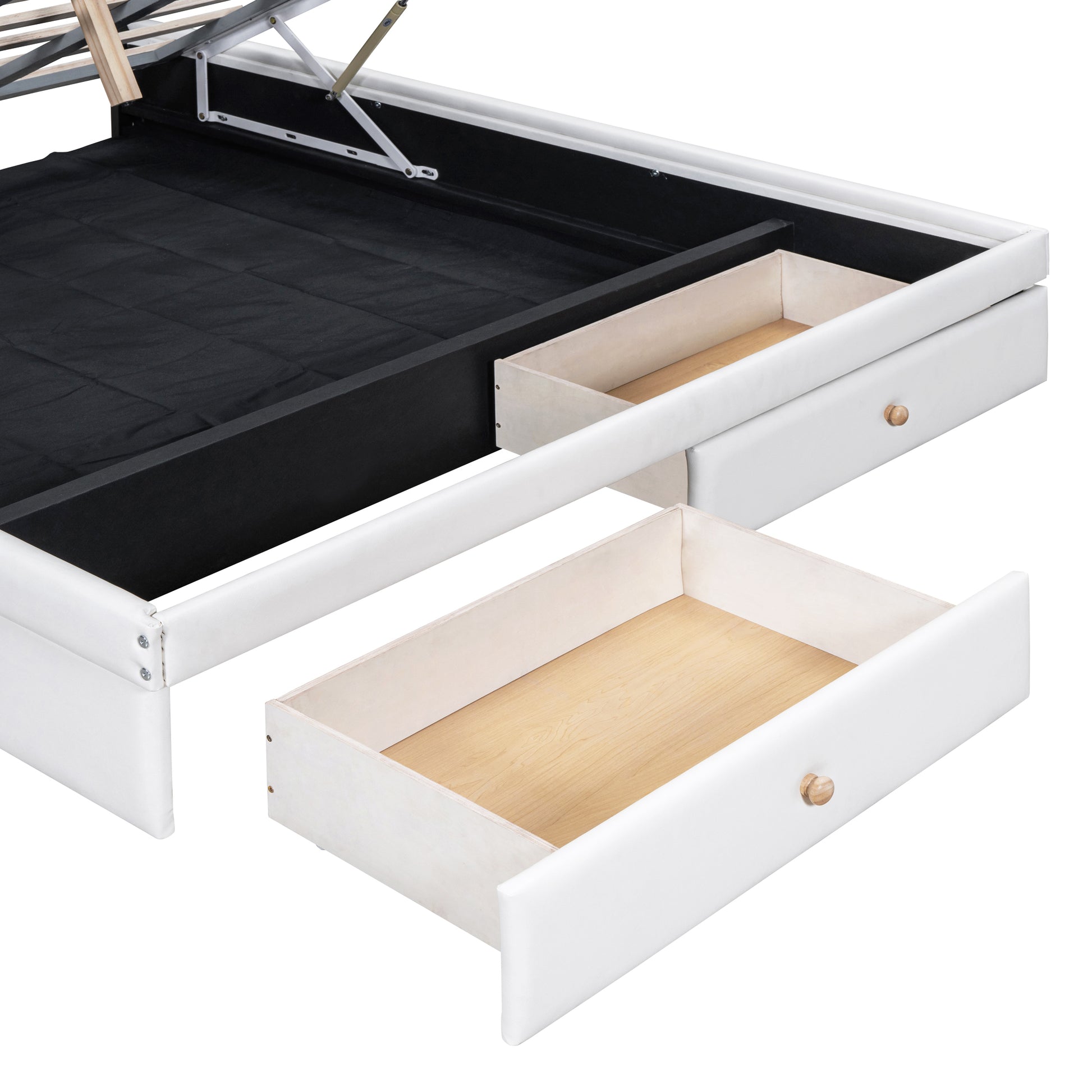 Queen Size Upholstered Bed With Hydraulic Storage System And Drawer, White White Pu Leather