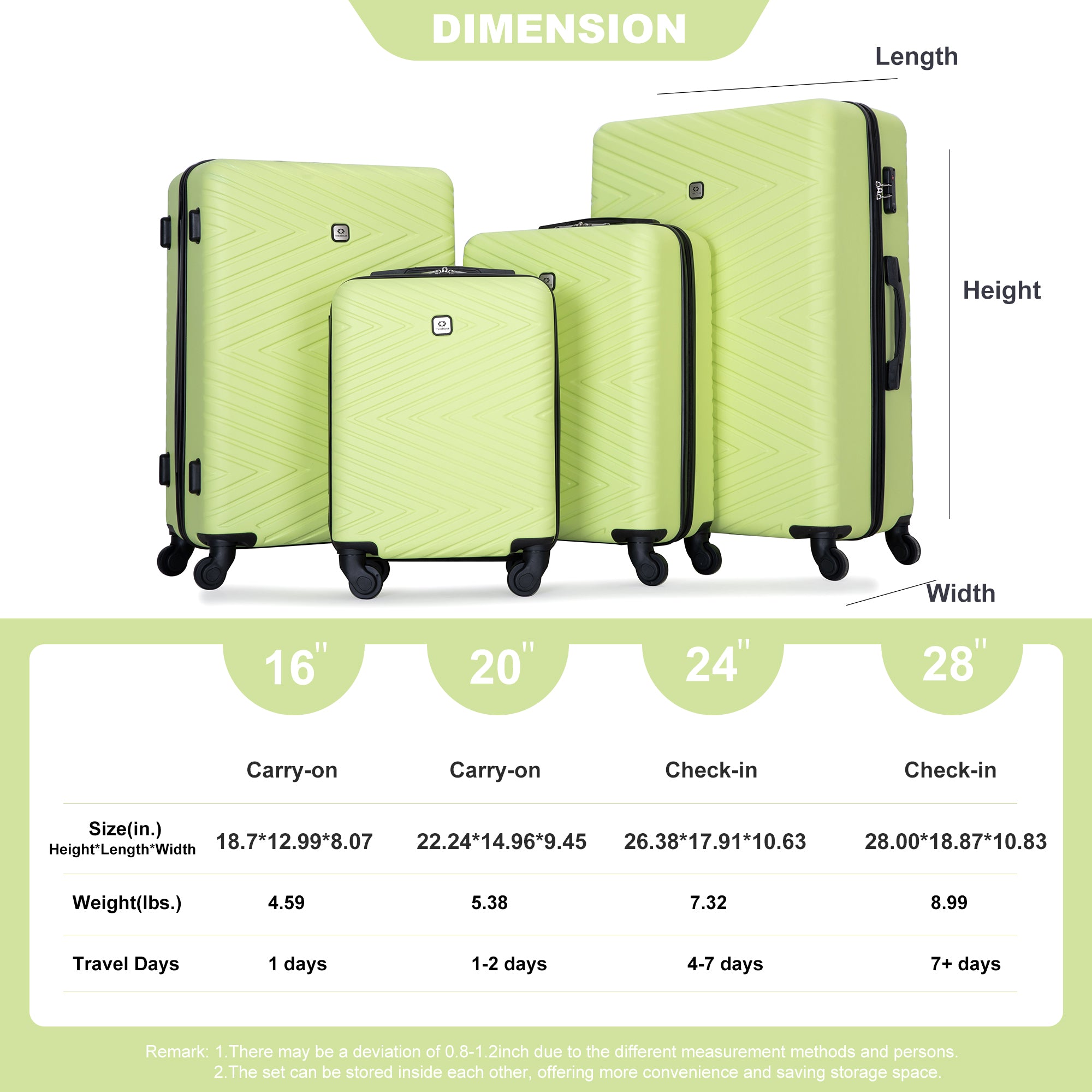 luggage 4 piece ABS lightweight suitcase with rotating fluorescent green-abs