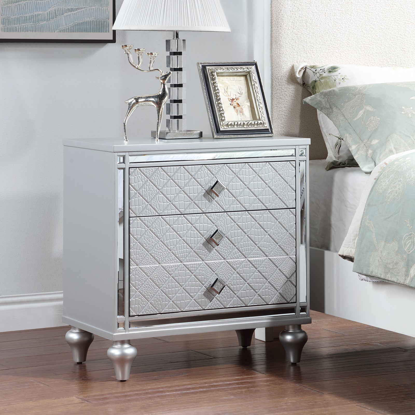 Contemporary Nightstands With Mirror Frame Accents, Bedside Table With Two Drawers And One Hidden Drawer, End Table With Crystal Pull For Living Room,Bedroom, Silver Silver 3 Drawers Solid Wood Mdf