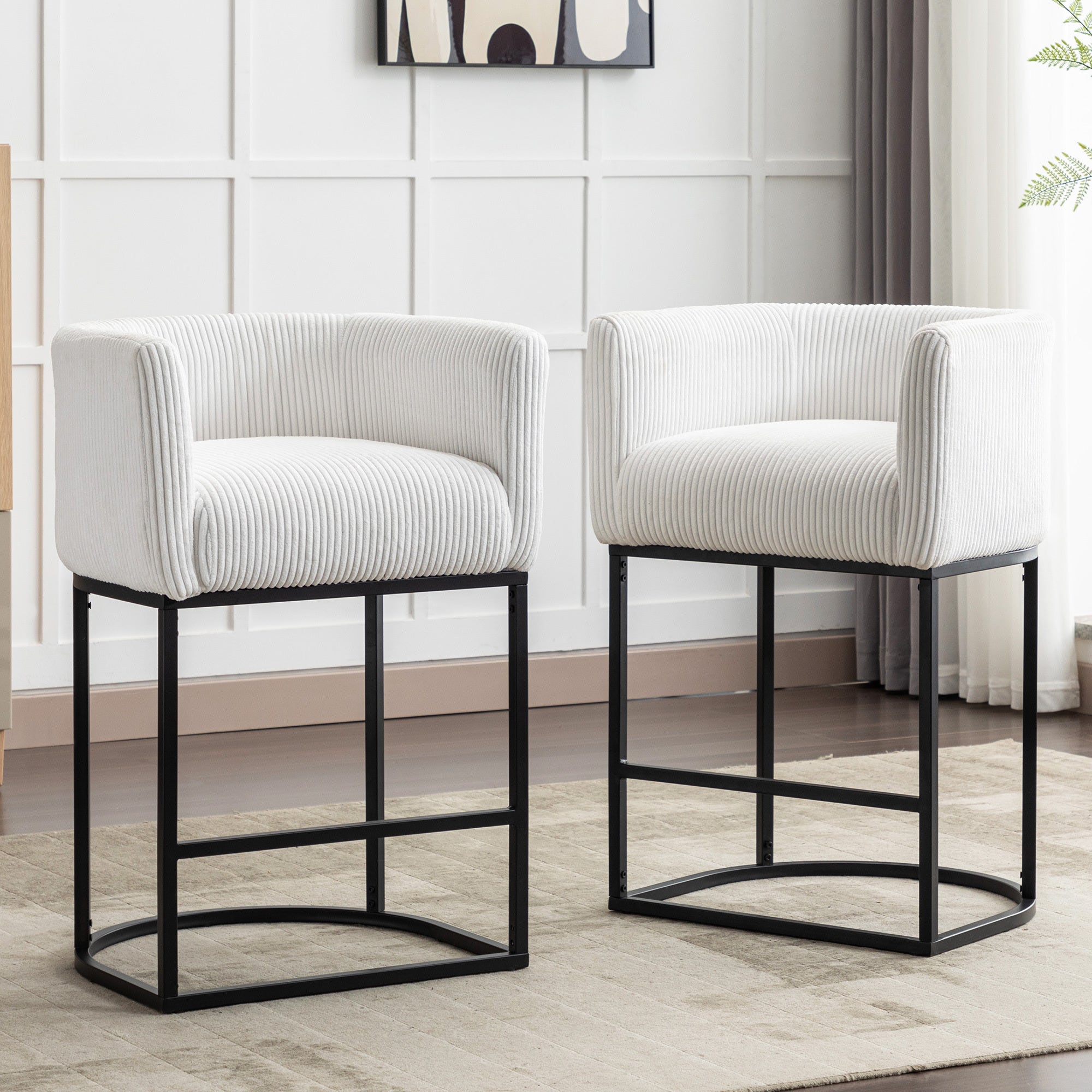 Modern Bar Stools Set Of 2, 27.5" Counter Height Stools With Barrel Back And Arms, Upholstered Seat Cushion Linen Modern Kitchen Island Chair With Black Metal Frame For Kitchen Island, White White Dining Room Powder Coated Sponge Wipe Clean Modern Bar