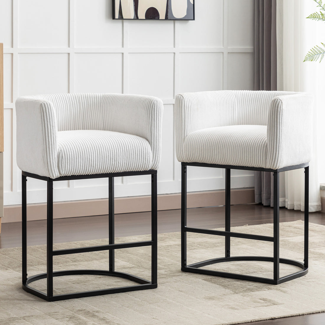 Modern Bar Stools Set Of 2, 27.5" Counter Height Stools With Barrel Back And Arms, Upholstered Seat Cushion Linen Modern Kitchen Island Chair With Black Metal Frame For Kitchen Island, White White Dining Room Powder Coated Sponge Wipe Clean Modern Bar