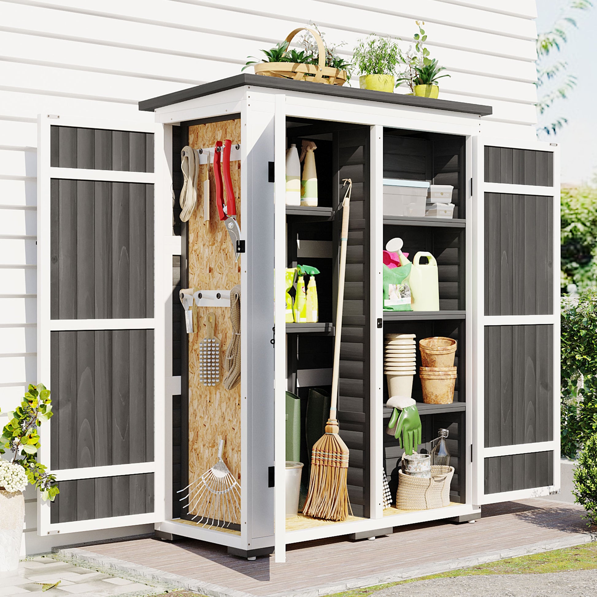 Outdoor 5.5Ft Hx4.1Ft L Wood Storage Shed, Garden Tool Cabinet With Waterproof Asphalt Roof, Four Lockable Doors, Multiple Tier Shelves, White And Gray White Gray Water Resistant Frame Garden &
