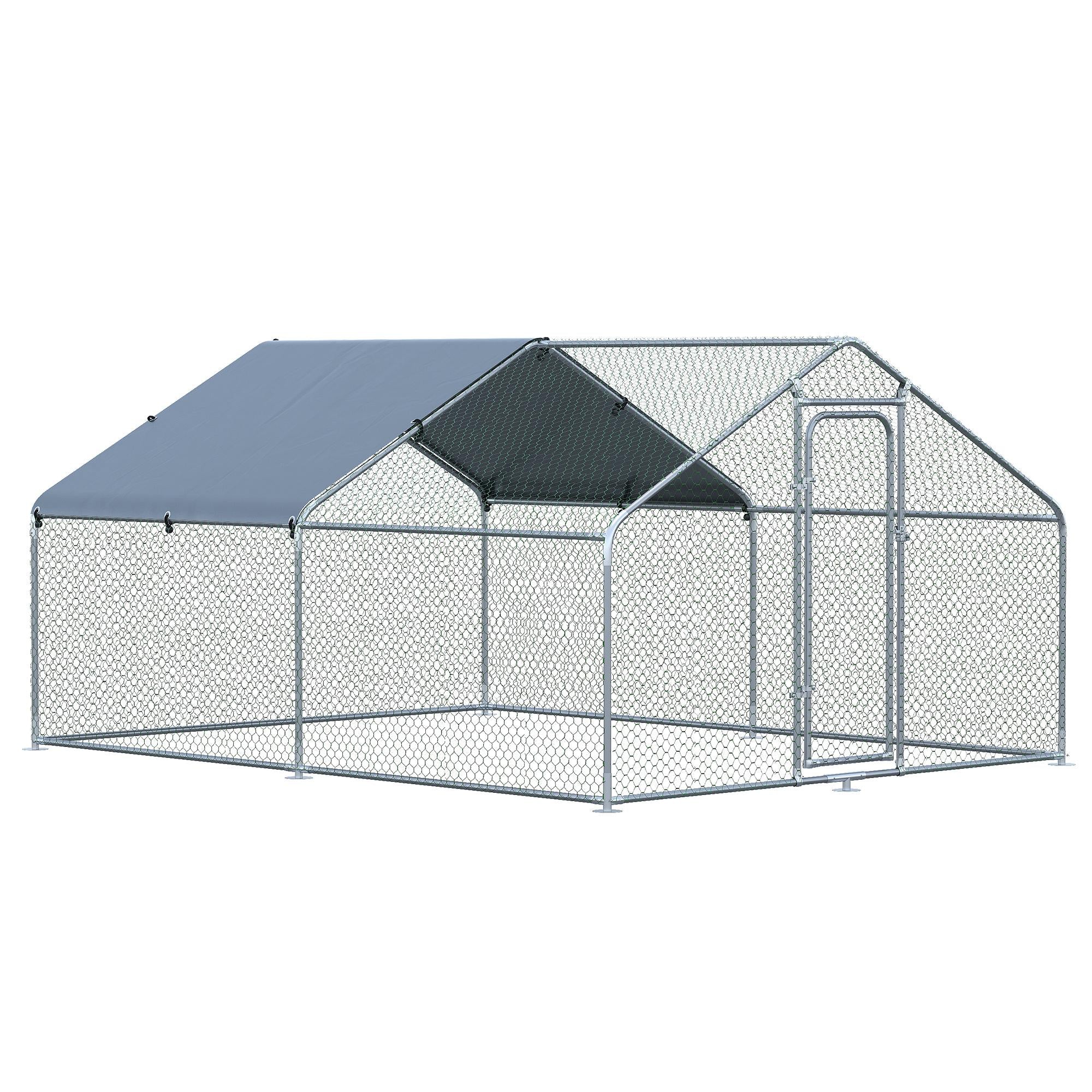 Pawhut Large Chicken Coop Metal Chicken Run With Waterproof And Anti U Cover, Spire Shaped Walk In Fence Cage Hen House For Outdoor And Yard Farm Use, 1.26" Tube Diameter, 9.8' X 13.1' X 6.4' Silver Steel