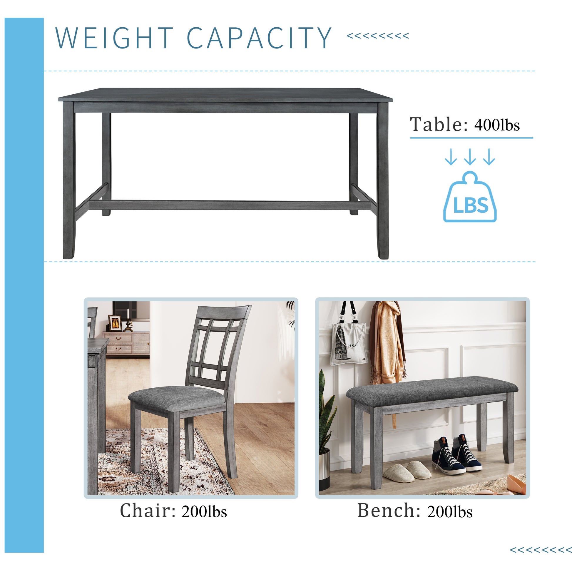 6 Piece Wooden Dining Table Set, Kitchen Table Set With 4 Chairs And Bench, Farmhouse Rustic Style,Gray Gray Wood Dining Room Bench Seating Acacia Rectangular Dining Table With Chair And Bench Upholstered Chair Wood Gray Ladder Back Seats 6 60 Inches