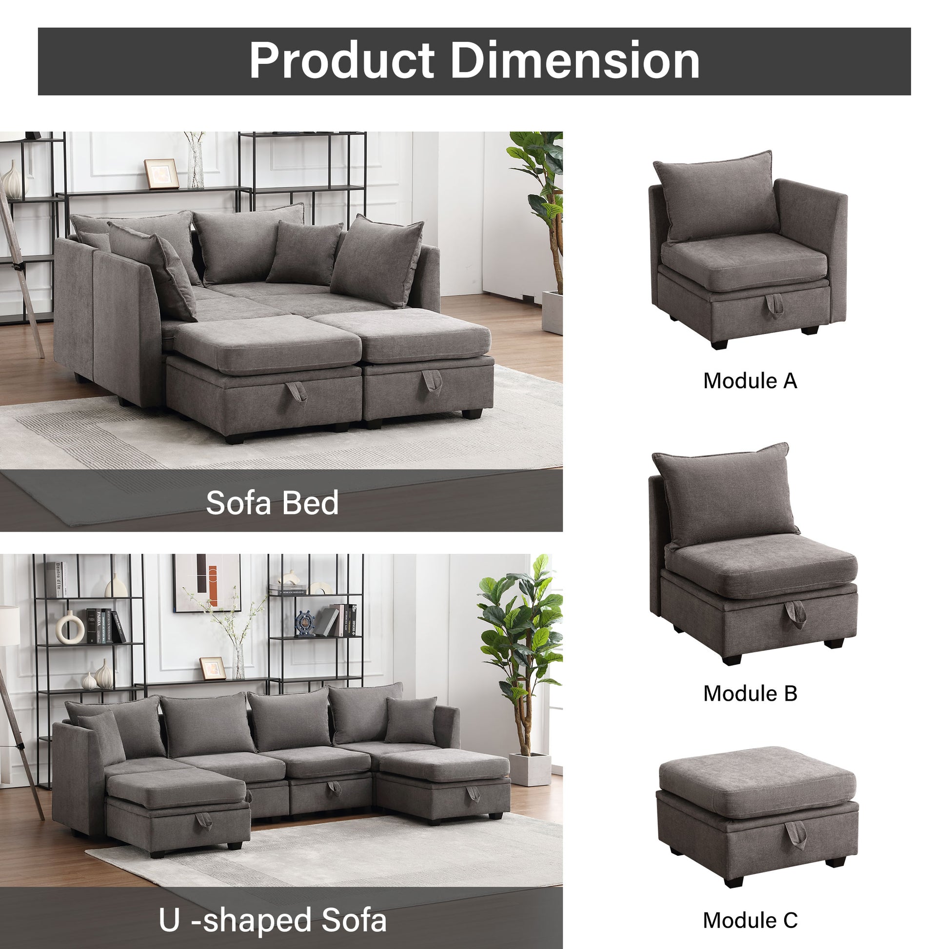 Modular Sectional Sofa, Convertible Sofa Couch With Storage, Sleeper Sectional Sofa Set, Flexible Modular Combinations Fabric Couch For Living Room Grey Wood Soft Heavy Duty Fabric 1 Seat