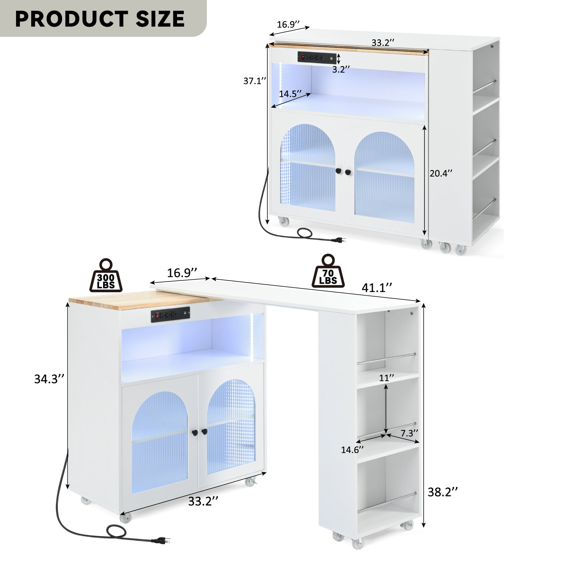 K&K Rolling Kitchen Island With Extended Table