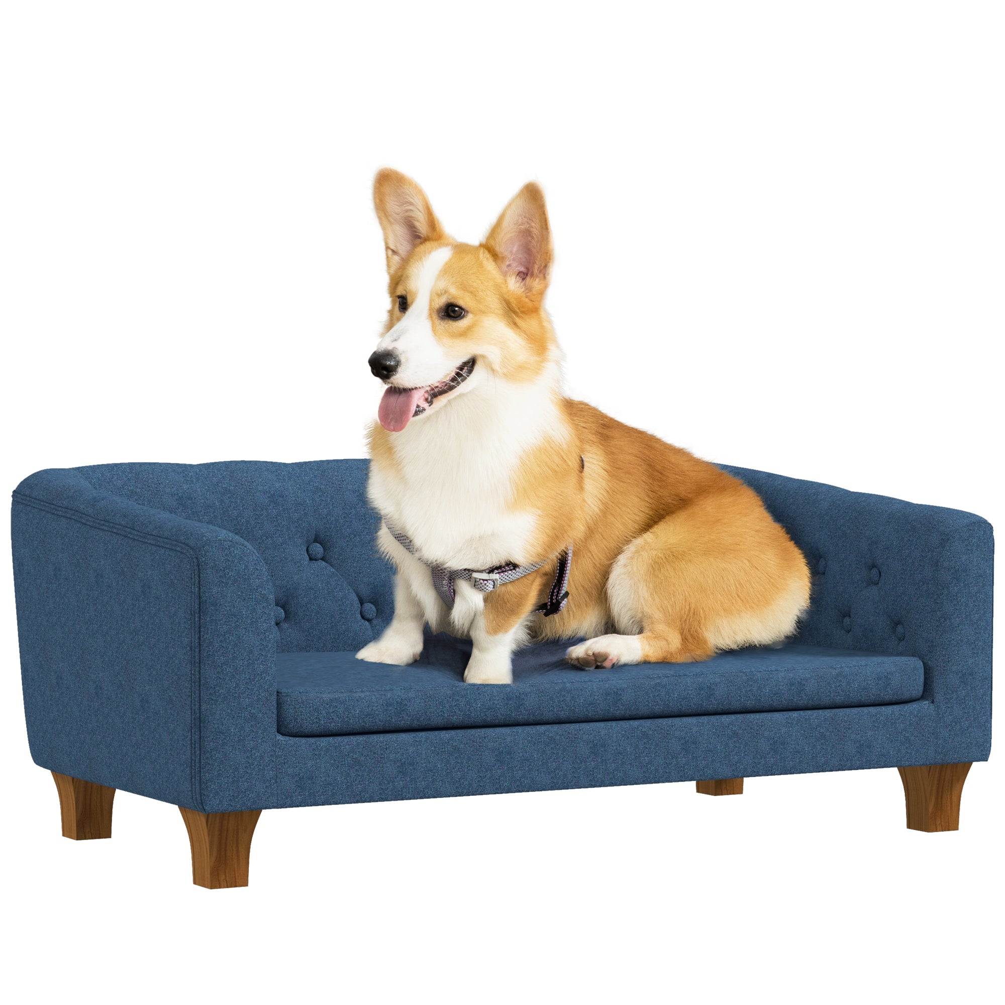 Pawhut Raised Dog Sofa, Elevated Pet Couch For Small And Medium Dogs, With Removable Soft Cushion, Anti Slip Pads, Simple Installation, Blue Blue Wood