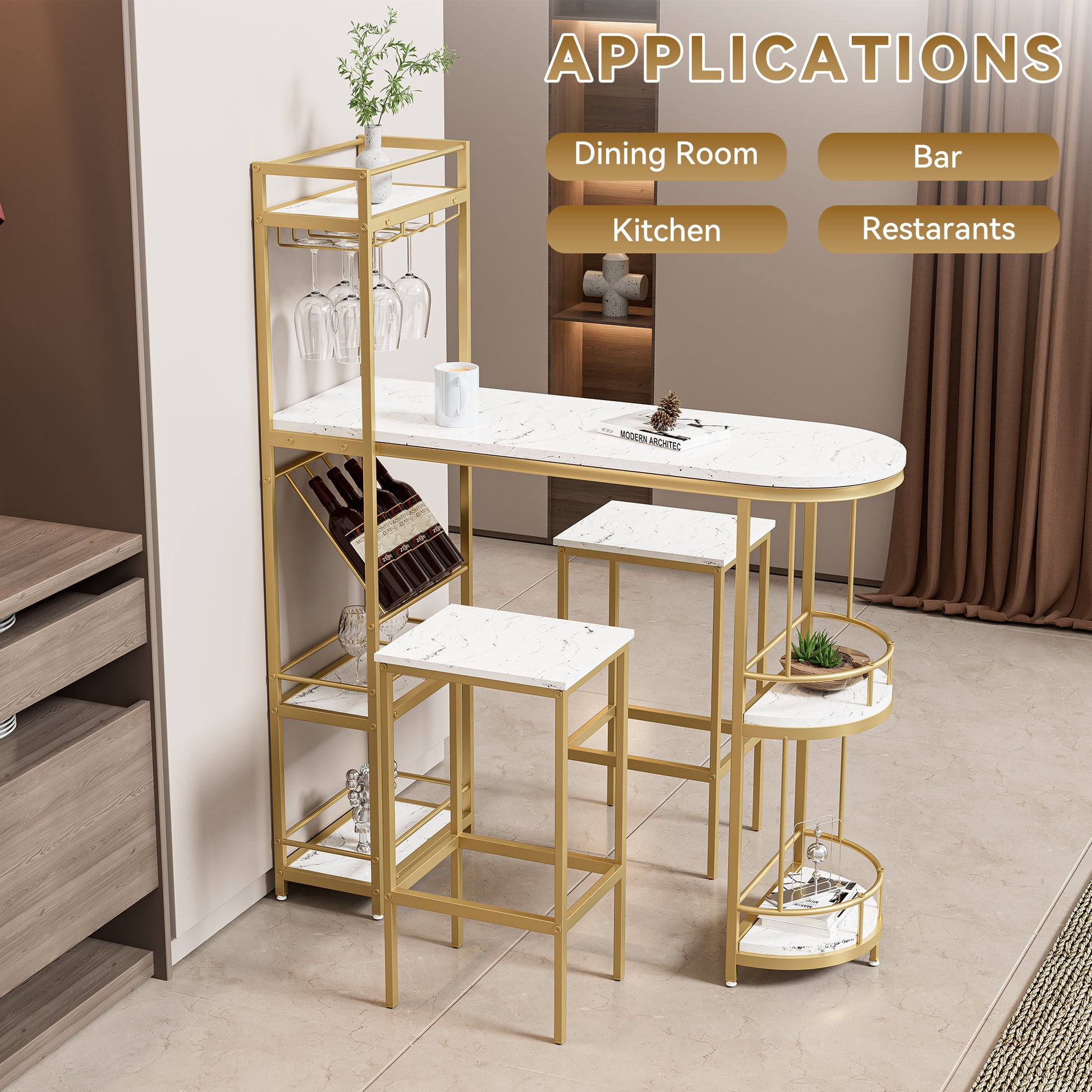 3 Pcs Bar Table And Chairs Set, Modern White Kitchen Bar Height Dining Table Wood Breakfast Pub Table With Gold Base With Shelves, Glass Rack, Wine Bottle Rack ,With 2 Bar Stools White Gold Dining Room Contemporary Floor Mount Rectangular Kitchen &