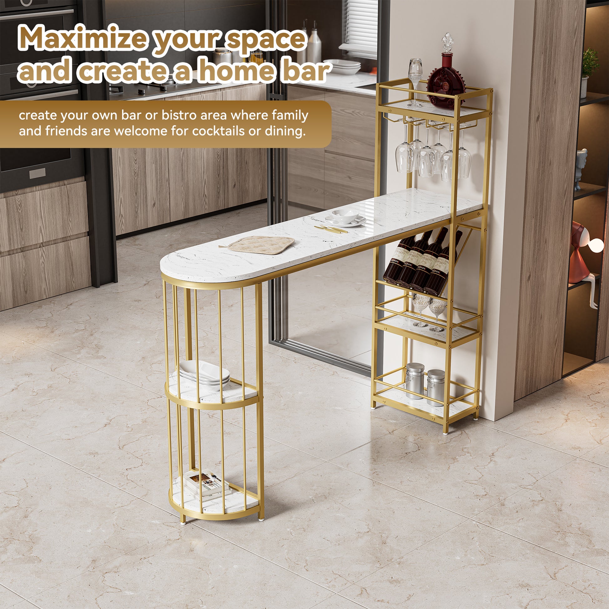 63" Modern White Kitchen Bar Height Dining Table Wood Breakfast Pub Table With Gold Base With Shelves, Glass Rack, Wine Bottle Rack White Gold Dining Room Contemporary Floor Mount Rectangular Kitchen & Dining Tables Glossy Rectangular Mdf Metal