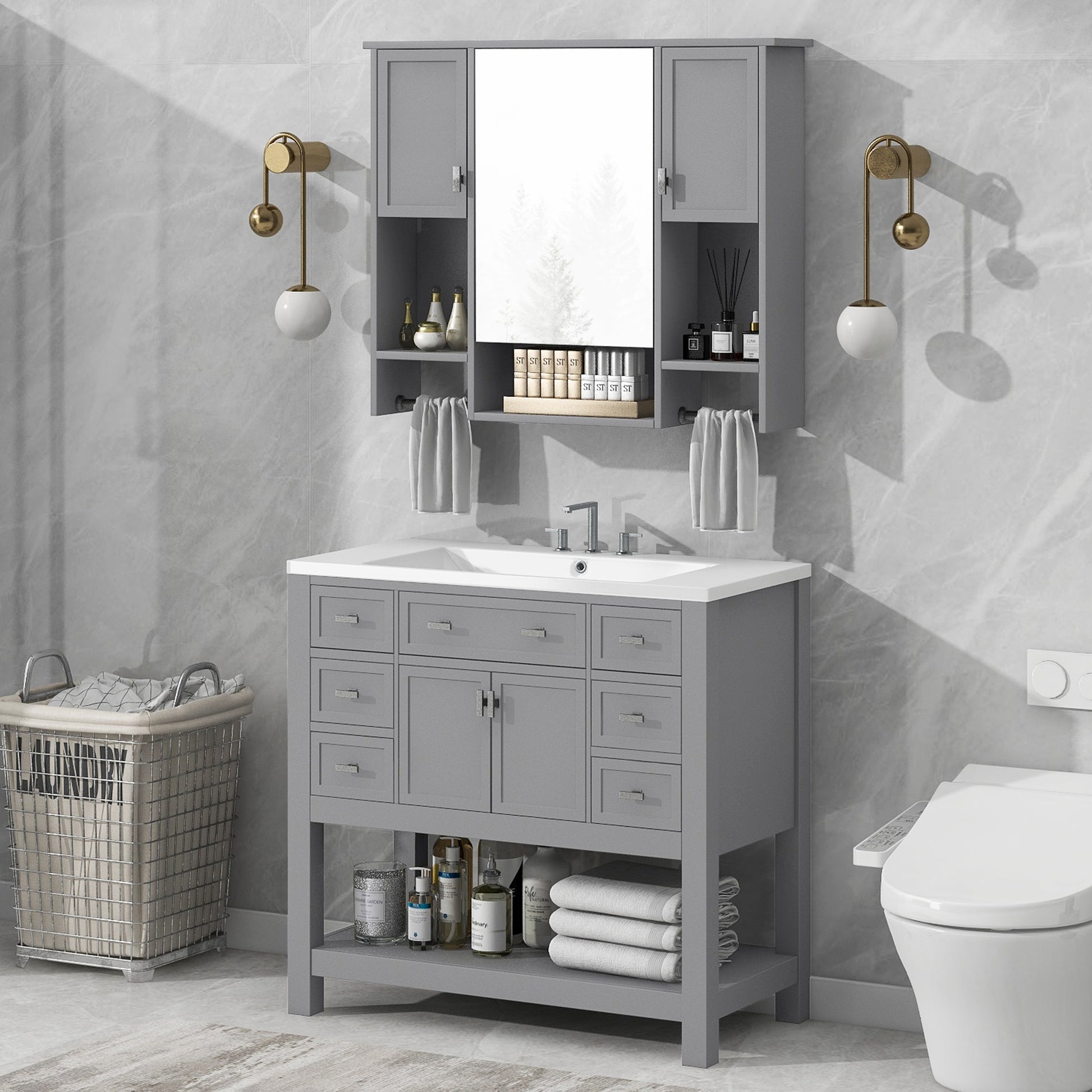 36'' Bathroom Vanity With Top Sink, Modern Mirror Cabinet With Towels Bar, Bathroom Storage Cabinet With 2 Soft Closing Doors And 6 Drawers, Single Sink Bathroom Vanity 4 Grey 4 Bathroom Freestanding Solid Wood Mdf Resin