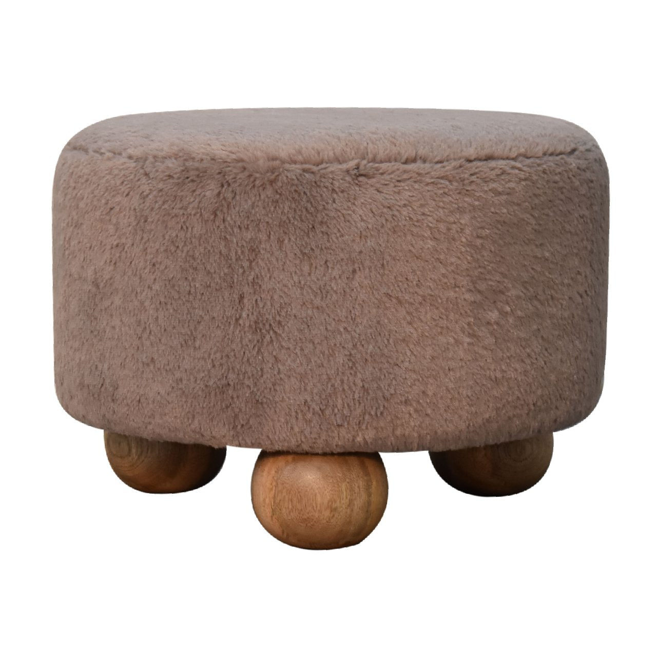 Mocha Faux Fur Round Ball Footstool Mocha Foam Wood Fabric