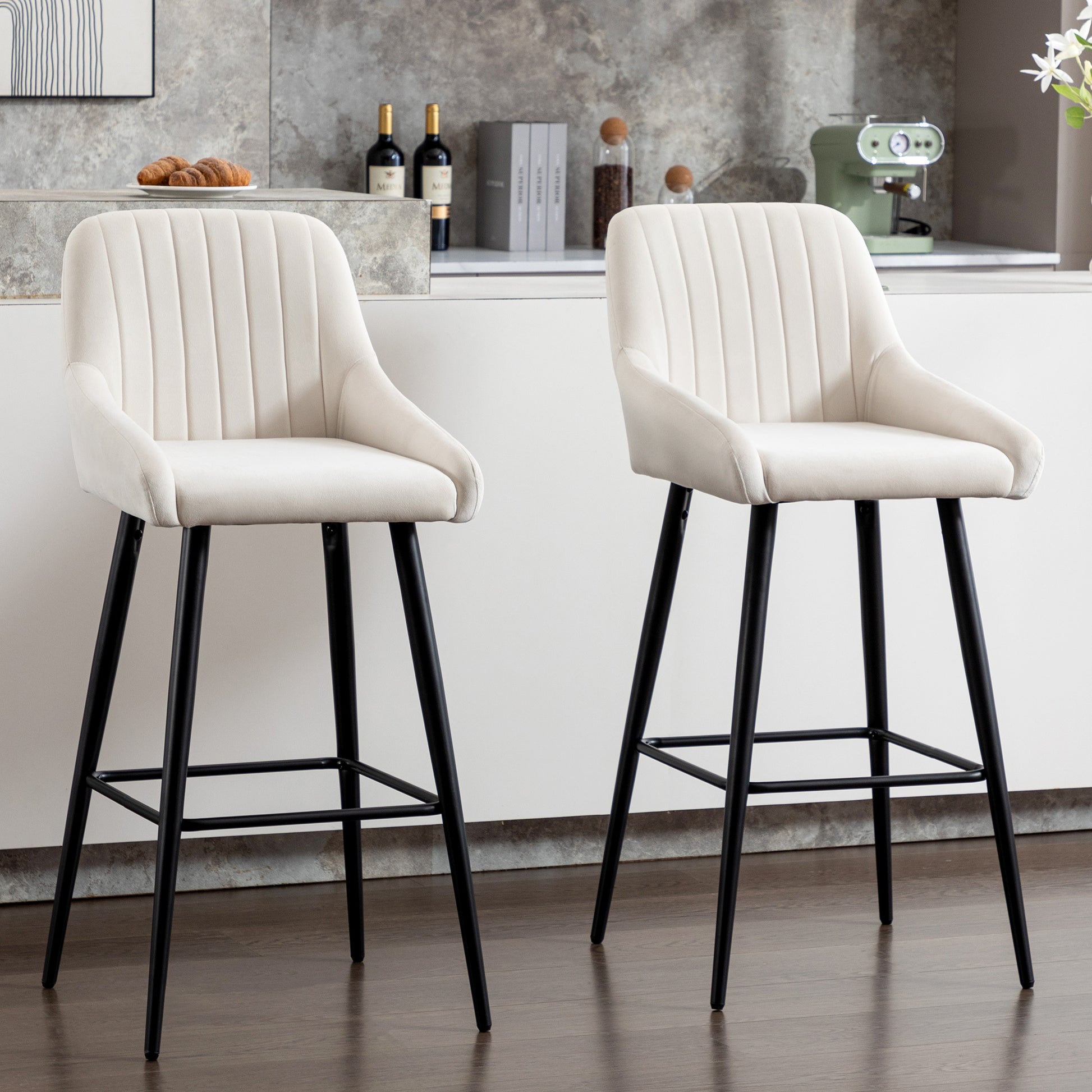 Elegant Lifestyle Modern Bar Stools,Velvet Upholstered Barstools With Back,Set Of 2 Bar Chairs For Kitchen Living Room Metal White Dining Room Powder Coated Sponge Wipe Clean Rectangular Modern Bar Stools Set Of 2 Fabric Metal