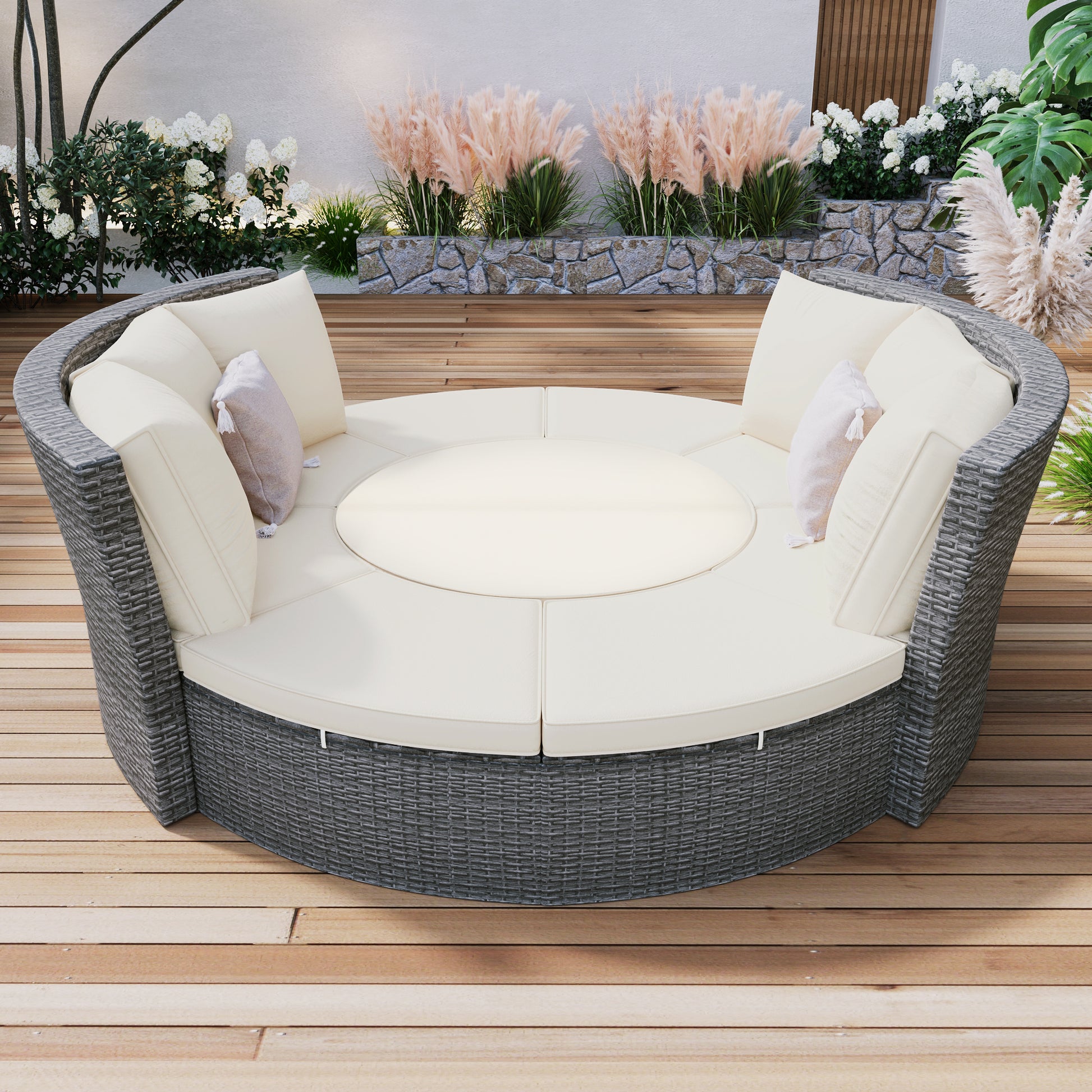 Patio 5 Piece Round Rattan Sectional Sofa Set All Weather Pe Wicker Sunbed Daybed With Round Liftable Table And Washable Cushions For Outdoor Backyard Poolside, Beige Yes Deep Seating Beige Water Resistant Frame Water Resistant Cushion Garden & Outdoor