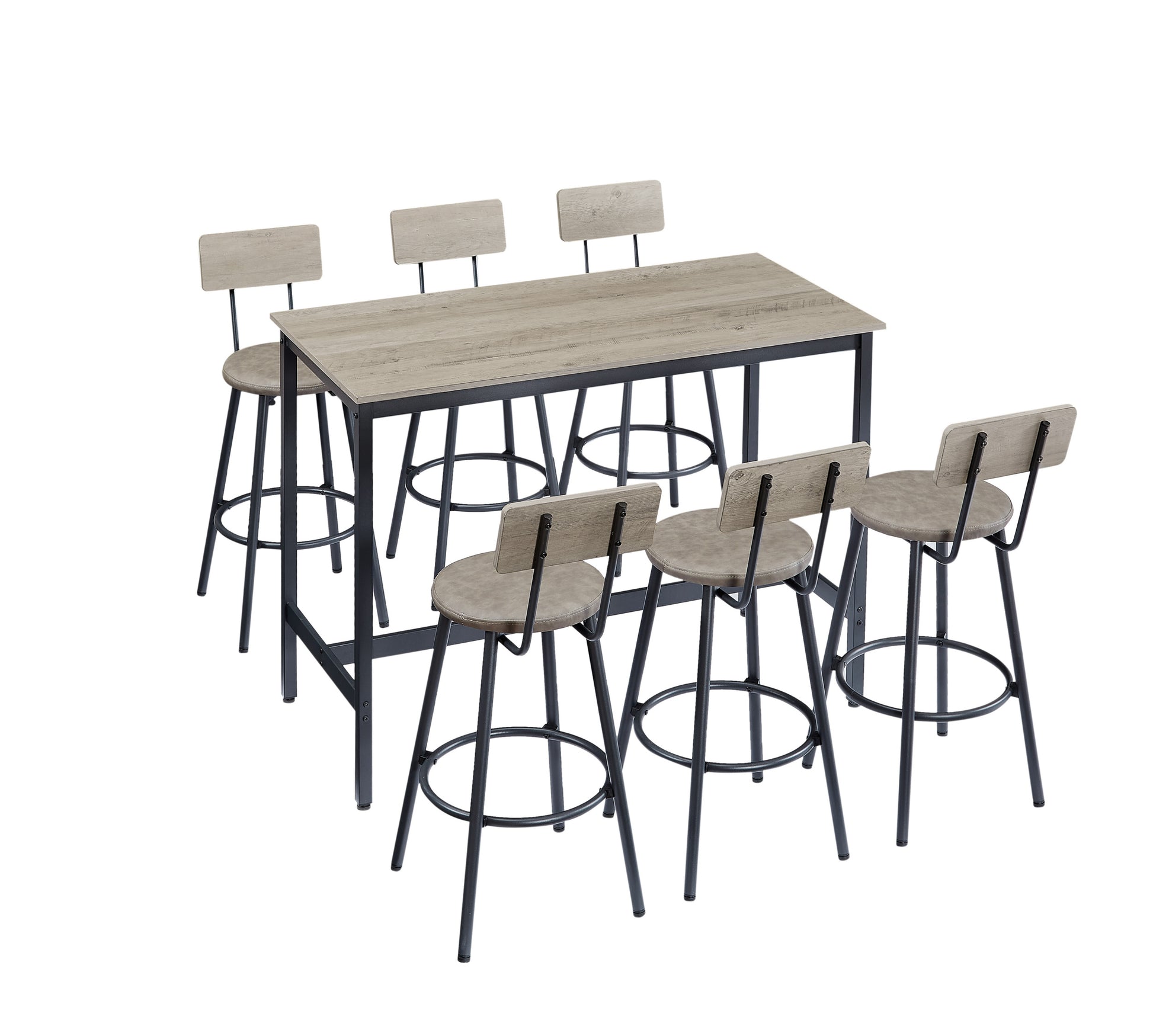 Pub High Dining Table 7 Piece Set, Industrial Style Pub Table, 6 Pu Leather Bar Chairs For Kitchen Breakfast Table, Living Room, Bar, Rustic Grey, 47.2 L X 23.6"W X 35.4"H Grey Particle Board