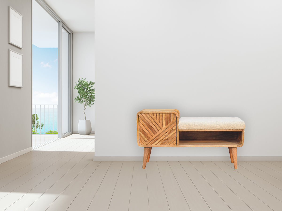 Boucle Carved Telephone Table Oak Foam Wood Fabric