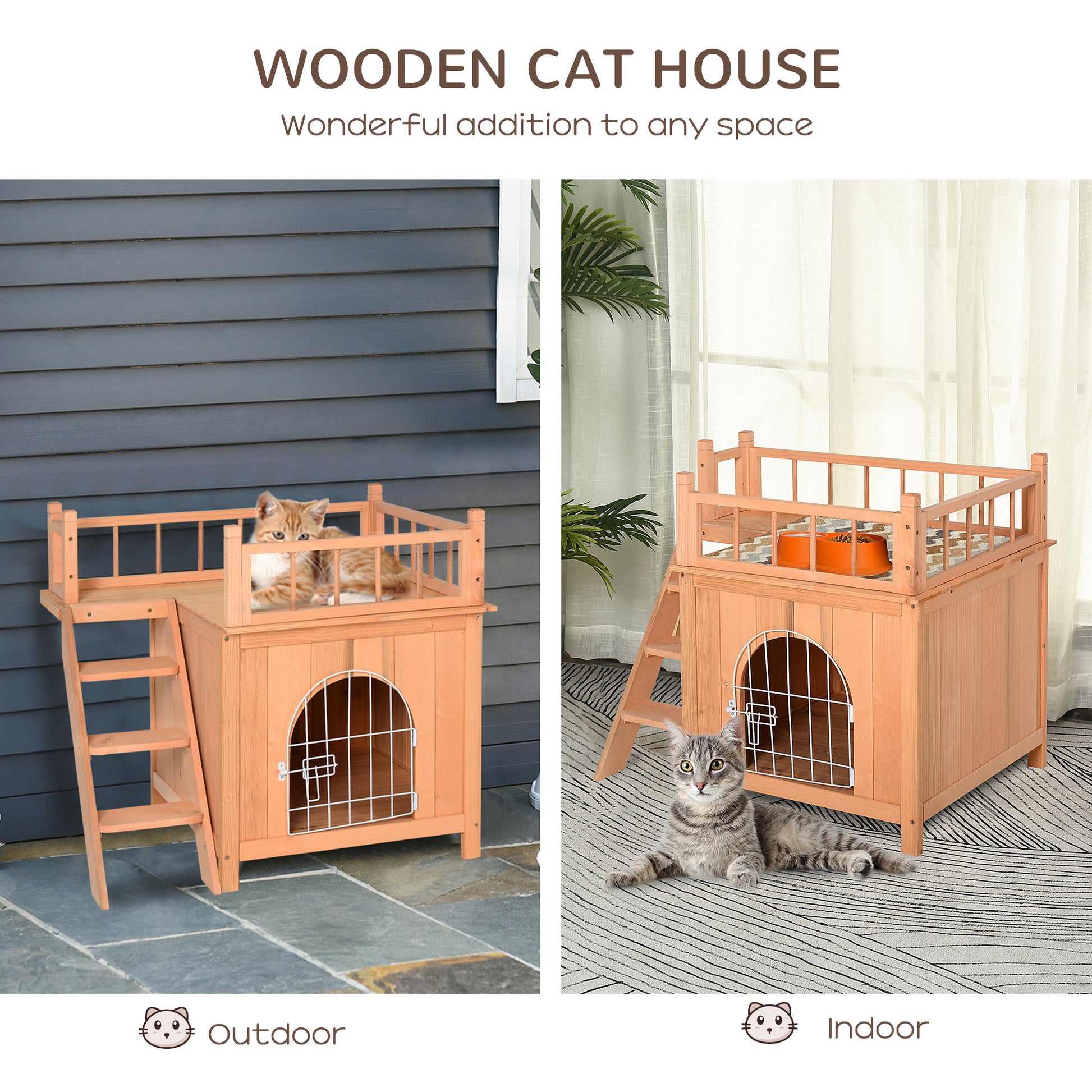 Pawhut 2 Level Wooden Cat House, Outdoor Dog Shelter Cat Condo With Lockable Wire Door And Balcony, Natural Wood Natural Wood