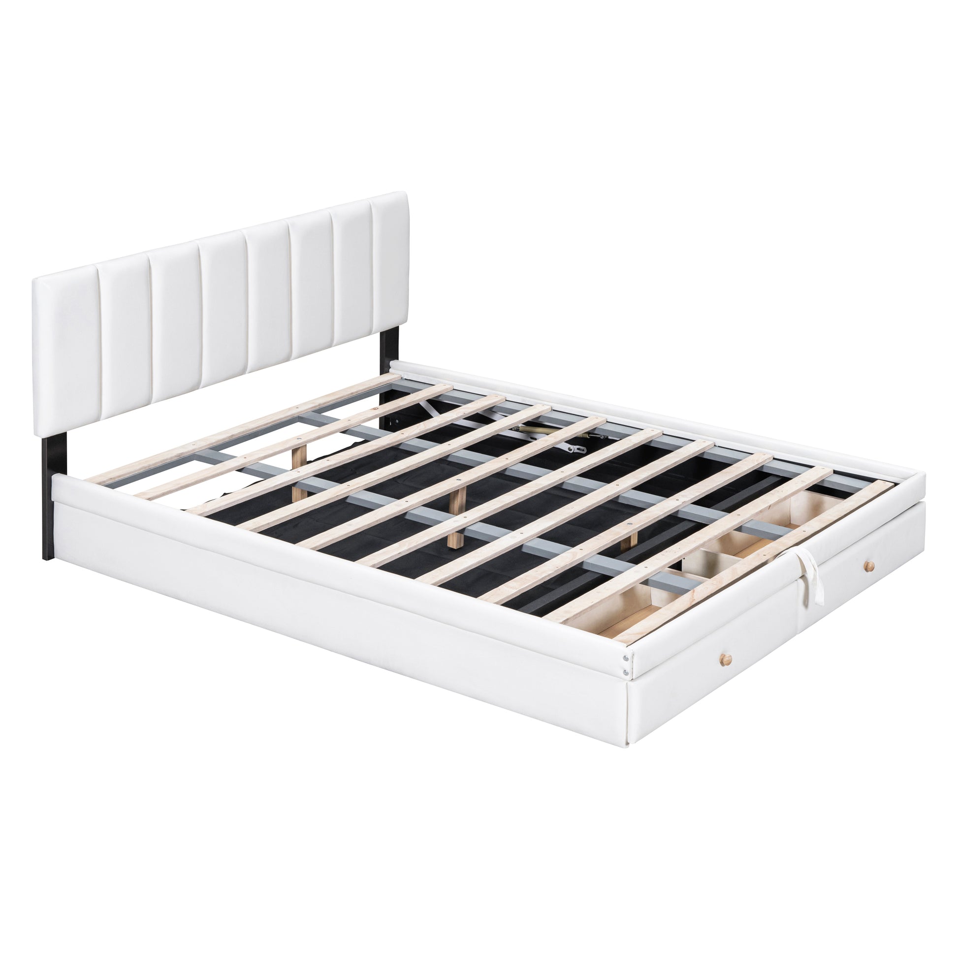 Queen Size Upholstered Bed With Hydraulic Storage System And Drawer, White White Pu Leather