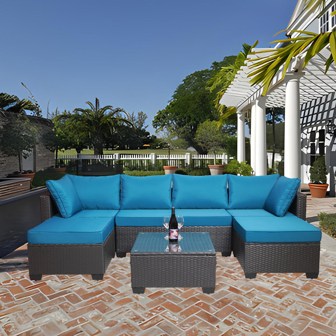 Outdoor Garden Patio Furniture 7 Piece Pe Rattan Wicker Cushioned Sofa Sets And Coffee Table, Patio Furniture Set Outdoor Couch Outdoor Couch Patio Furniture Outdoor Sofa Patio Couch Yes Complete Patio Set Black Blue Rust Resistant Frame Water Resistant