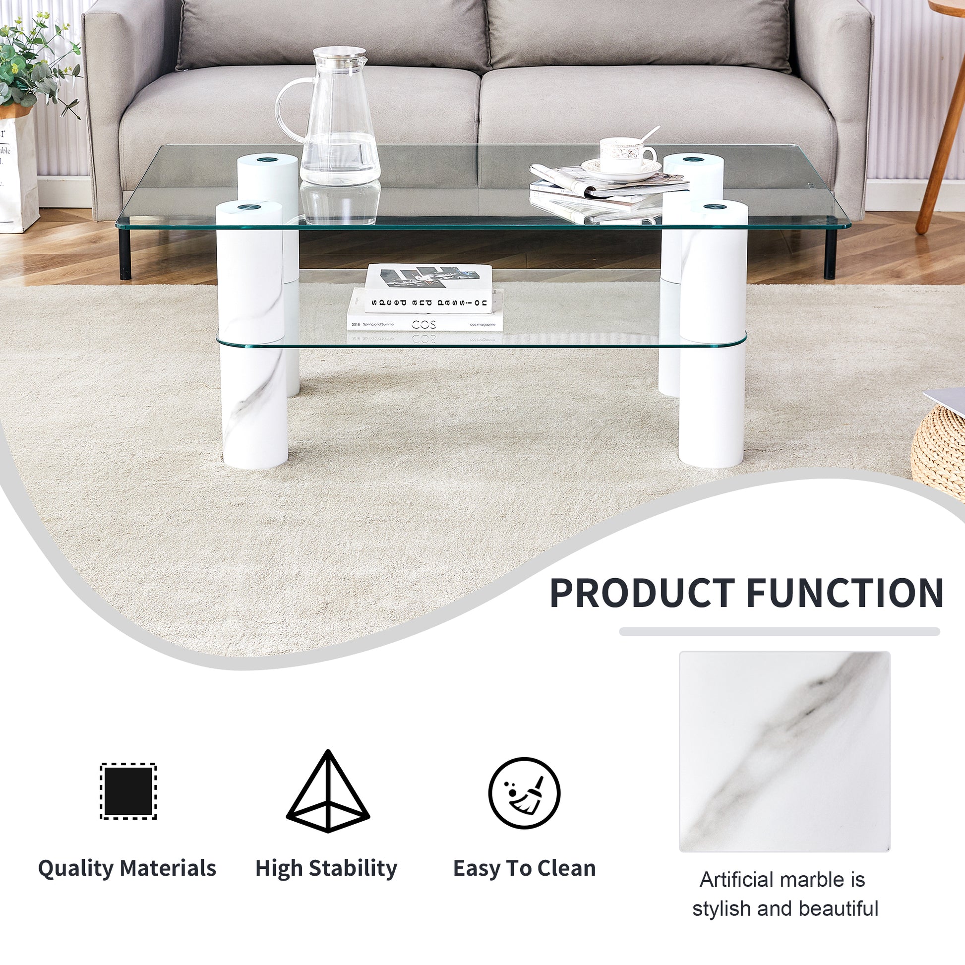 Modern Minimalist Double Layered Transparent Tempered Glass Coffee Table And Coffee Table, Paired With White Mdf Decorative Columns. Computer Desk. Game Table. Ct X02 Transparent Glass