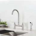 Double Handle Bridge Kitchen Faucet With Side Spray Brushed Nickel Stainless Steel