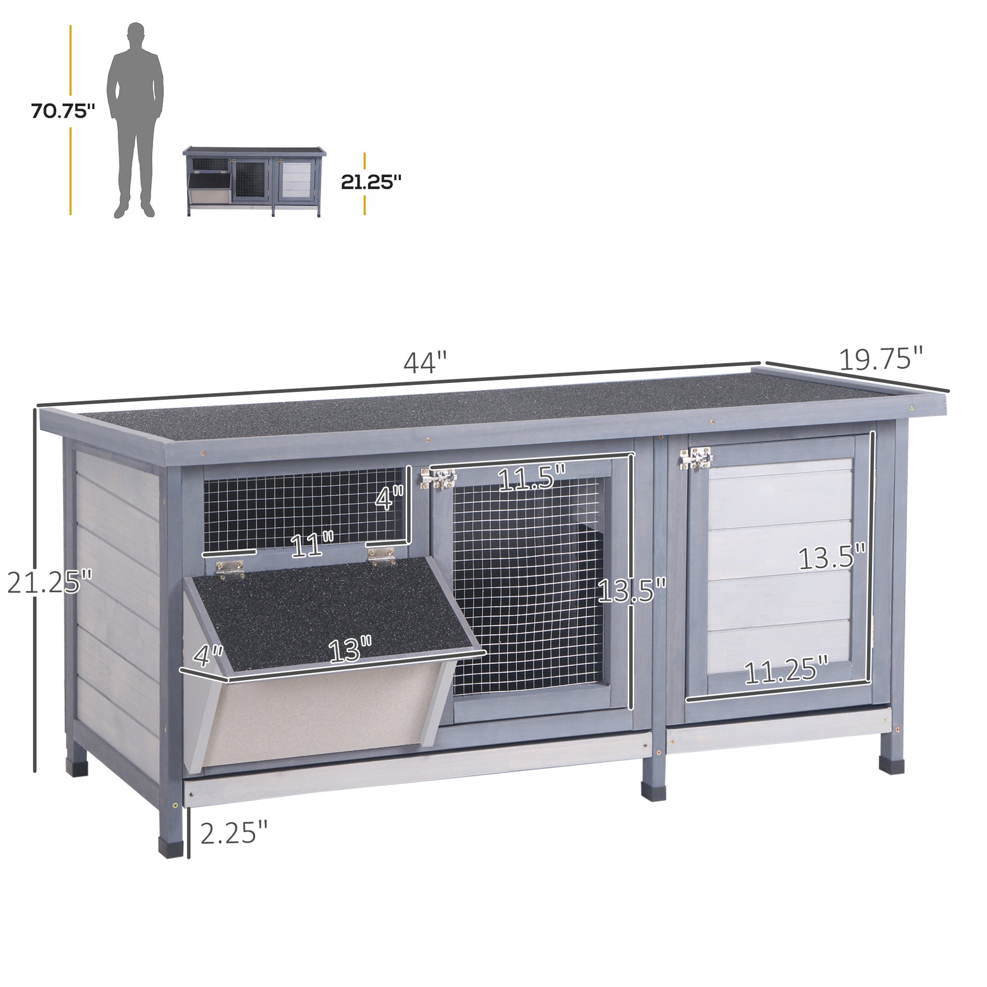 Pawhut Wooden Rabbit Hutch Bunny Hutch Cage Guinea Pig With Waterproof Roof, No Leak Tray And Feeding Trough, Indoor Outdoor, Gray Gray Wood