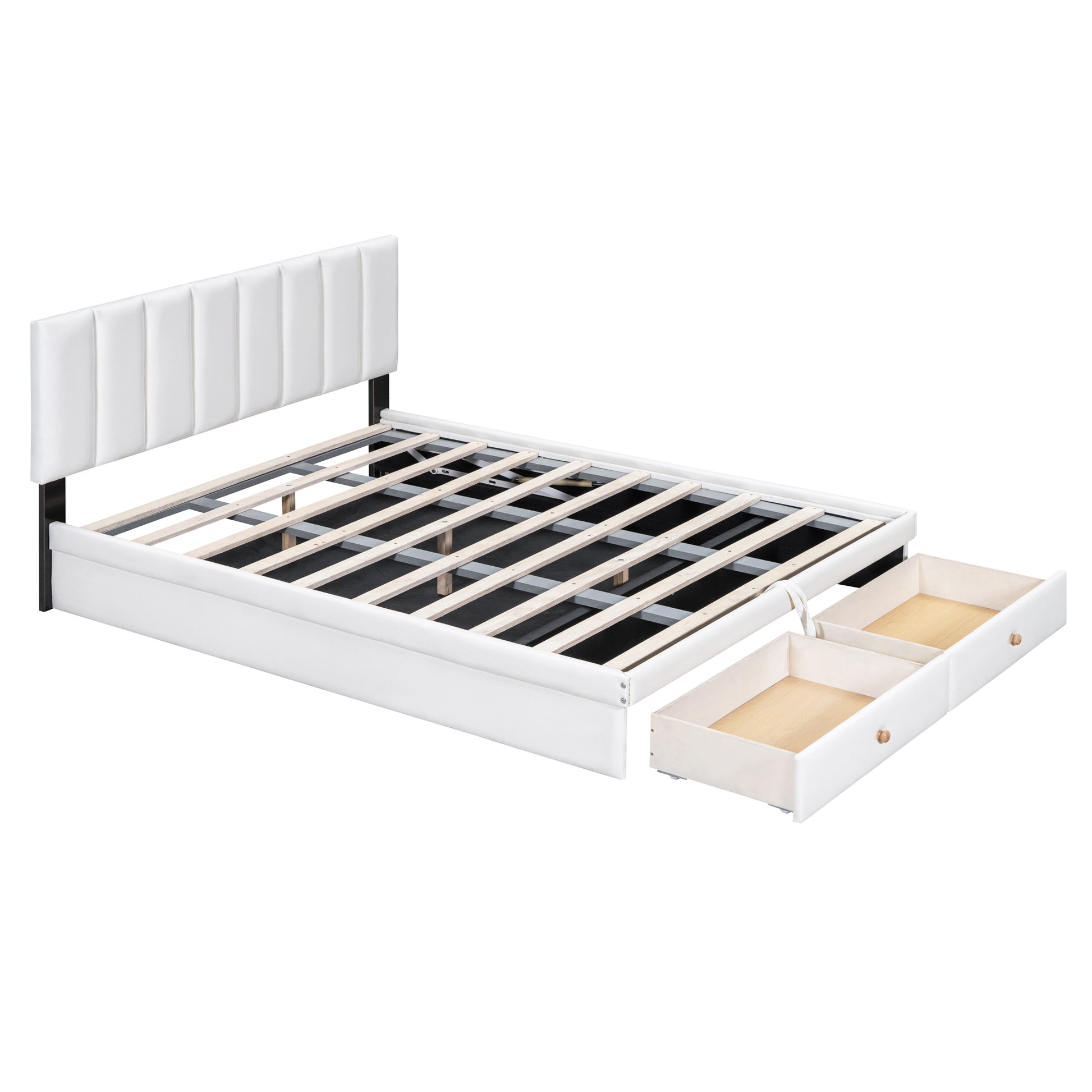 Full Size Upholstered Bed With Hydraulic Storage System And Drawer, White White Pu Leather