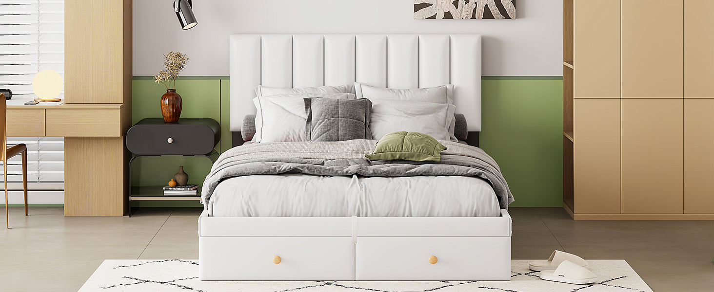 Full Size Upholstered Bed With Hydraulic Storage System And Drawer, White White Pu Leather