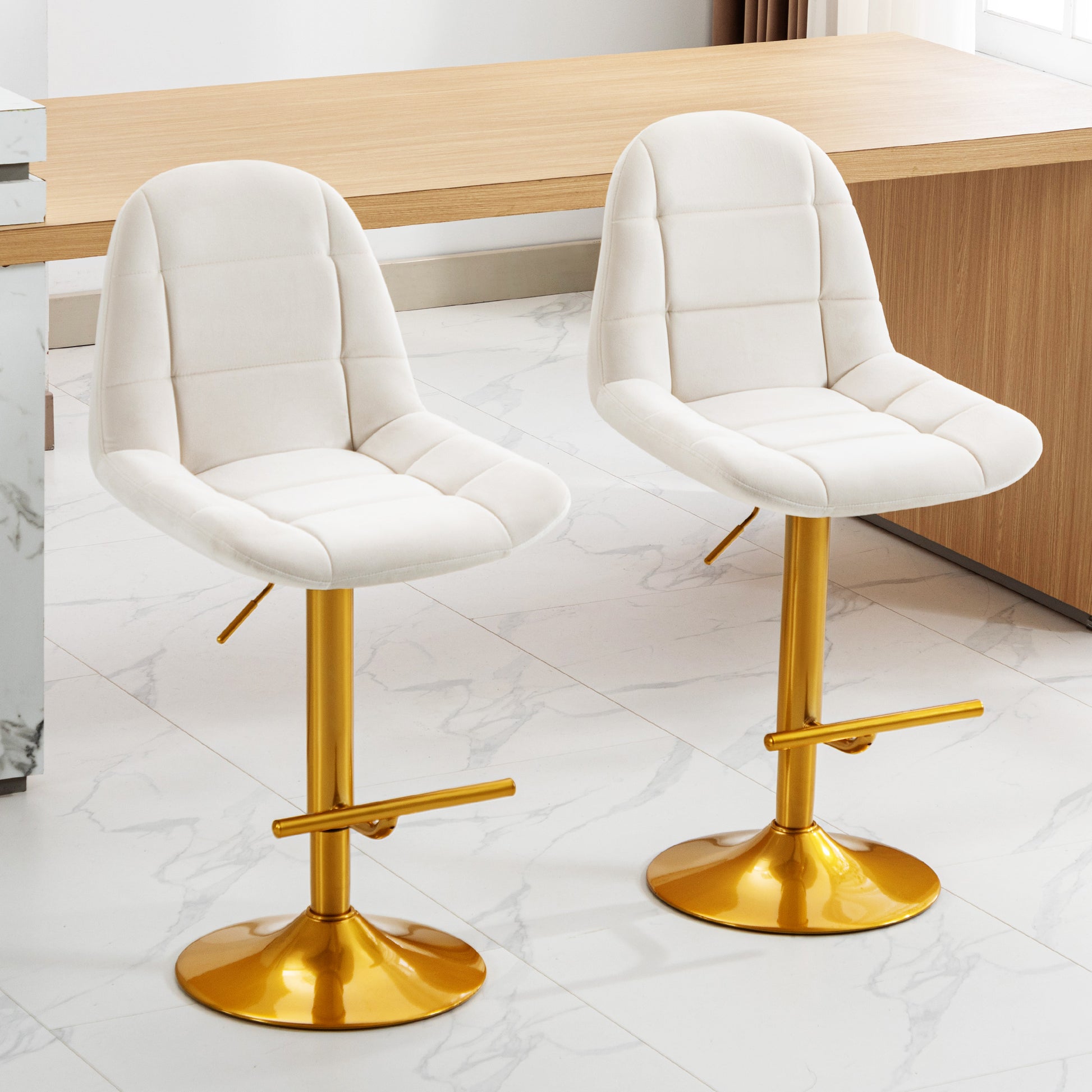 Velvet Swive Bar Stools Set Of 2 Adjustable Counter Height Bar Chairs With Back Gold Base Modern Stool Chair For Kitchen Island Dining Room, White White Gold Dining Room Powder Coated Sponge Wipe Clean Modern Bar Stools Set Of 2 Fabric Metal