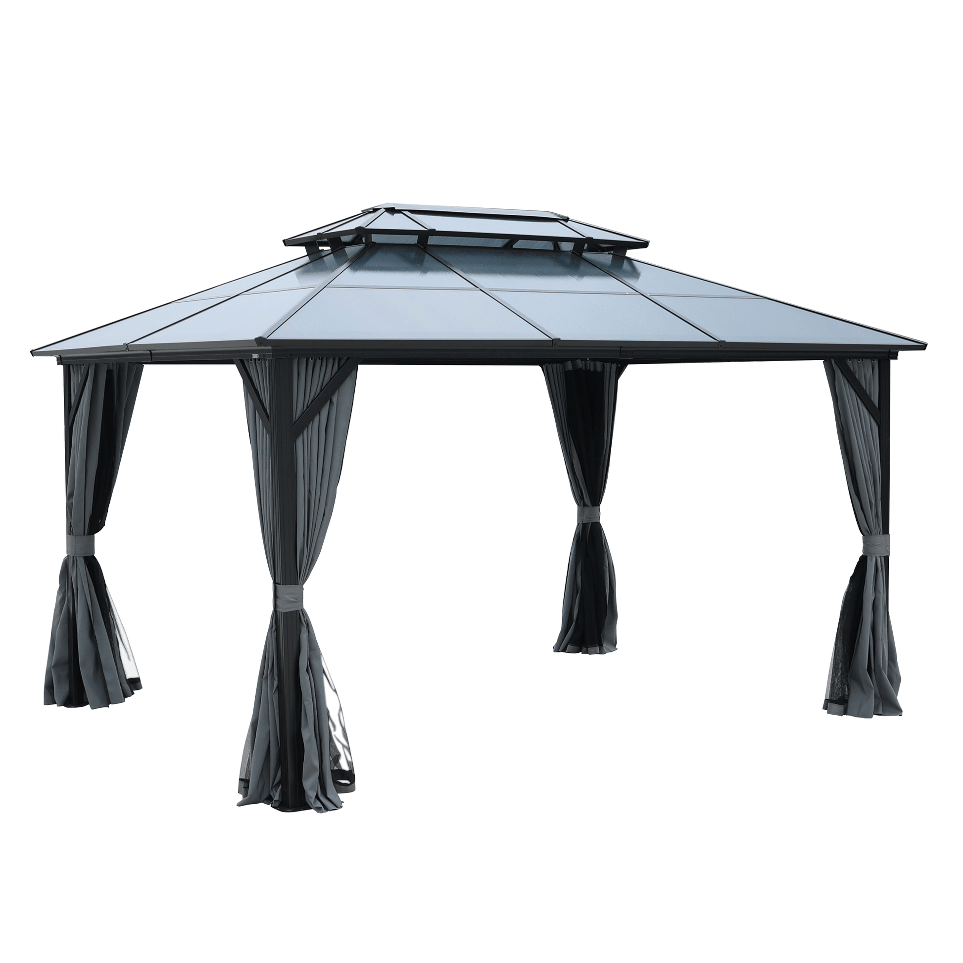 10X13Ft Patio Gazebo With Netting & Curtains, Black Black Gray Rectangular Garden & Outdoor Uv Resistant Gazebos Anchored Aluminium Alloy