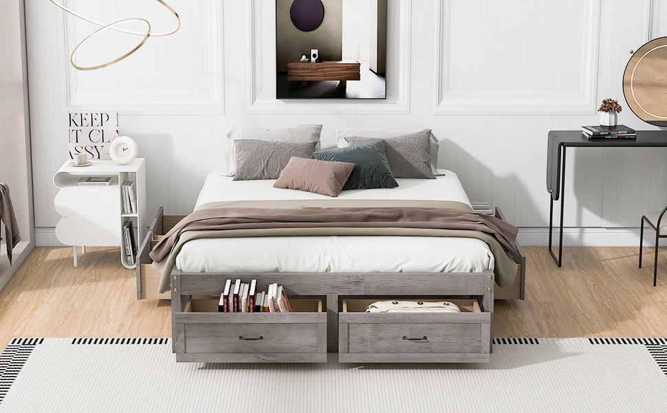 Queen Size Platform Bed With 6 Storage Drawers,Antique Gray Antique Gray Mdf Lvl