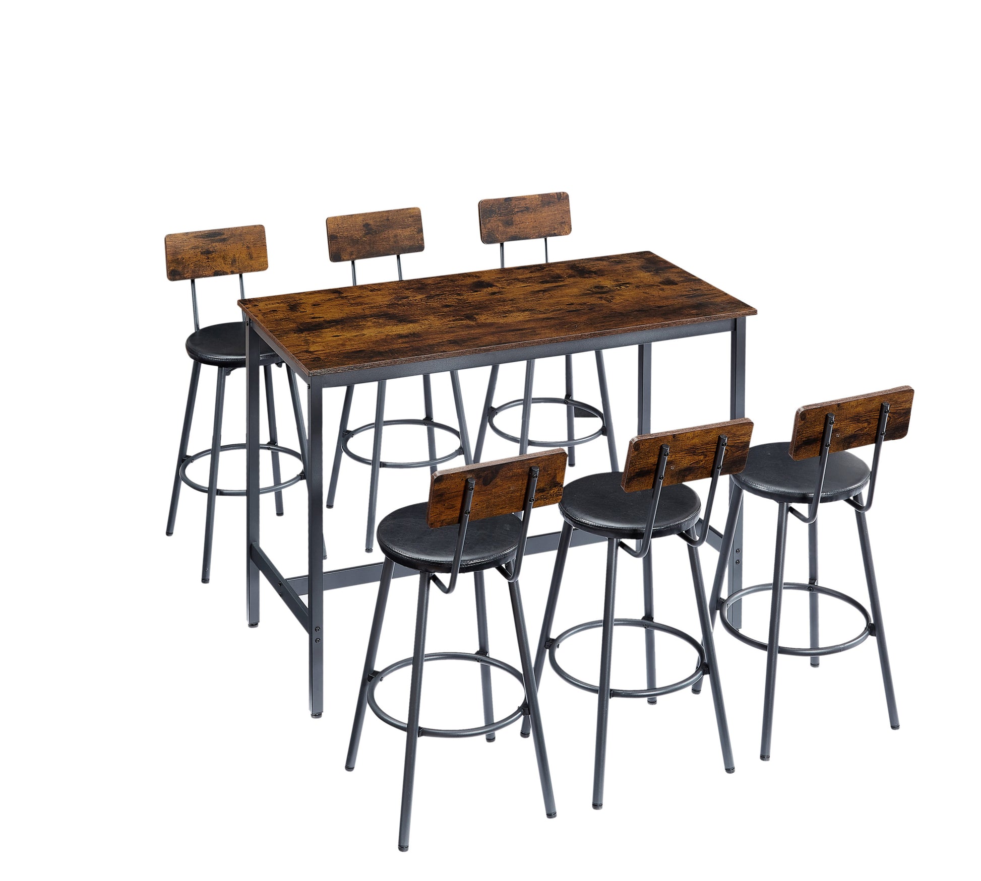 Pub High Dining Table 7 Piece Set, Industrial Style Pub Table, 6 Pu Leather Bar Chairs For Kitchen Breakfast Table, Living Room, Bar, Rustic Brown, 47.2 L X 23.6"W X 35.4"H Rustic Brown Particle Board