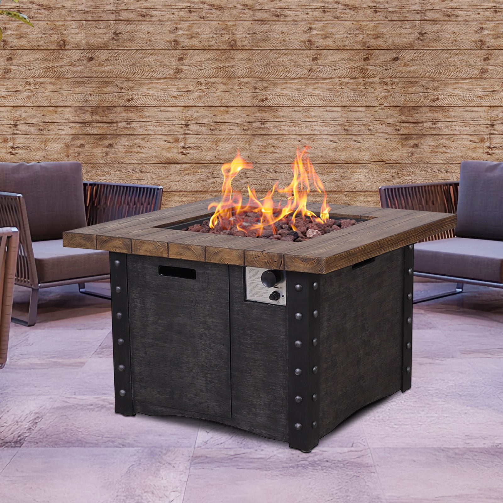 Good Product 50,000 Btu Outdoor Gas Fire Tablefaux Woodgraine Table Top Fire Pit Black Garden & Outdoor American Design Magnesium Oxide