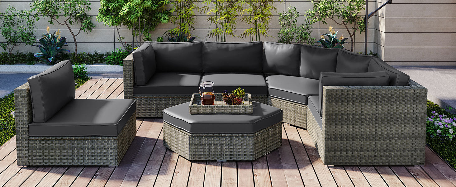 Patio Furniture Set, 6 Piece Outdoor Conversation Set All Weather Wicker Sectional Sofa With Ottoman And Cushions And Small Trays Grey Rattan