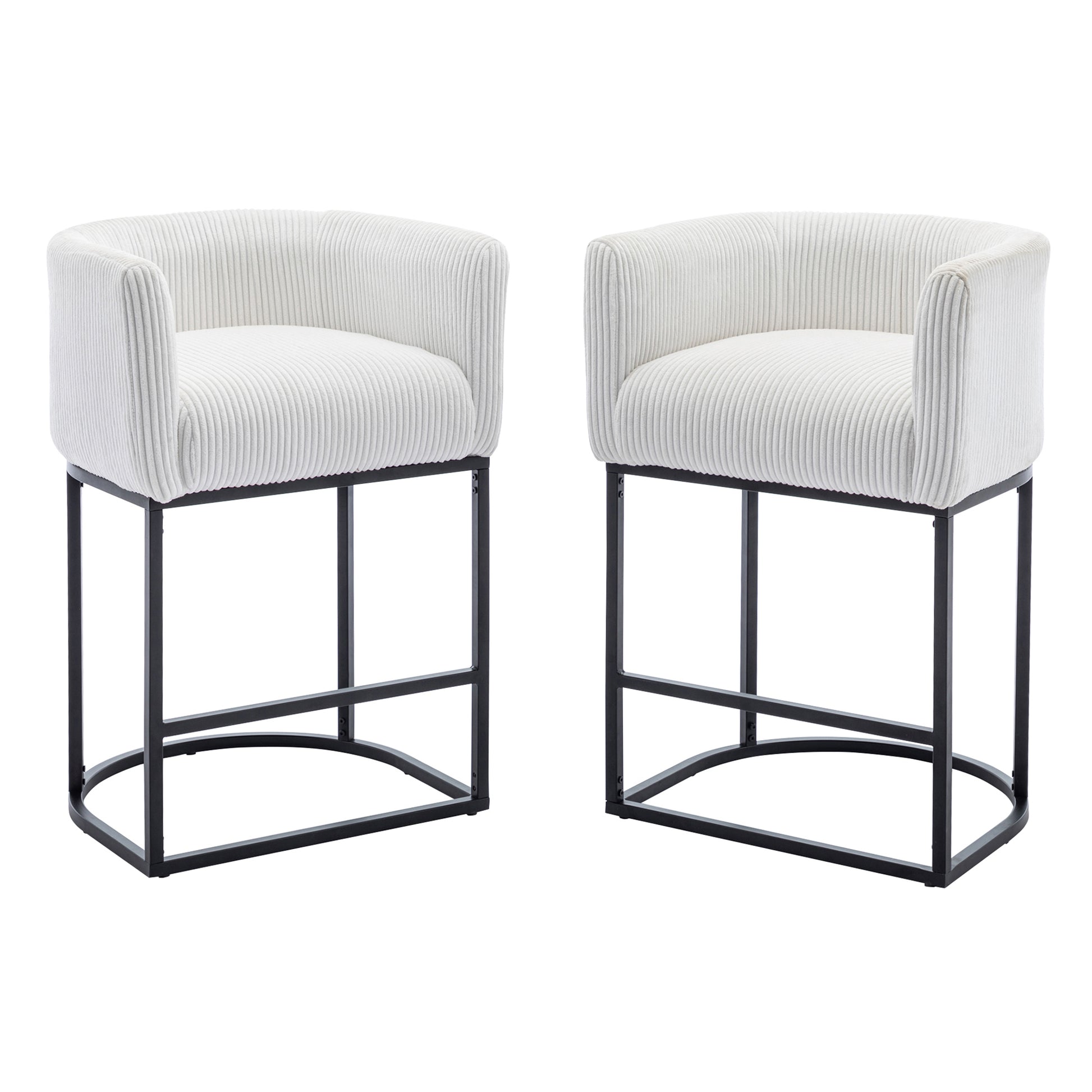 Modern Bar Stools Set Of 2, 27.5" Counter Height Stools With Barrel Back And Arms, Upholstered Seat Cushion Linen Modern Kitchen Island Chair With Black Metal Frame For Kitchen Island, White White Dining Room Powder Coated Sponge Wipe Clean Modern Bar