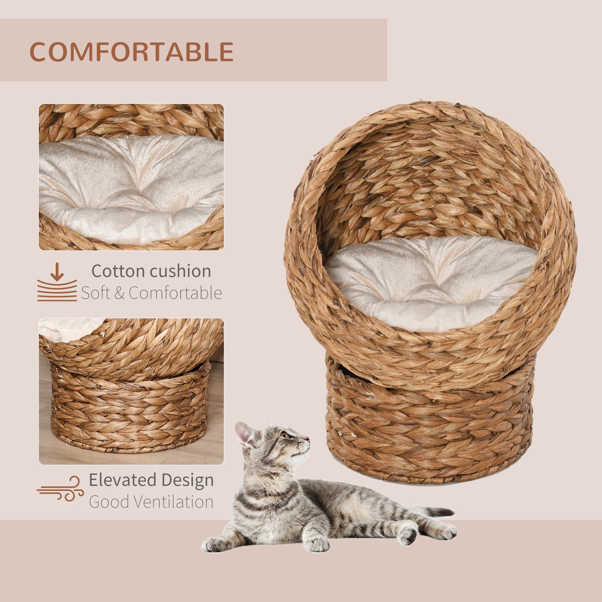 Pawhut Handwoven Elevated Cat Bed With Soft Cushion & Cat Egg Chair Shape, Cat Basket Bed Kitty House With Stand, Raised Wicker Cat Bed For Indoor Cats, 23.5" H, Brown Brown Rattan