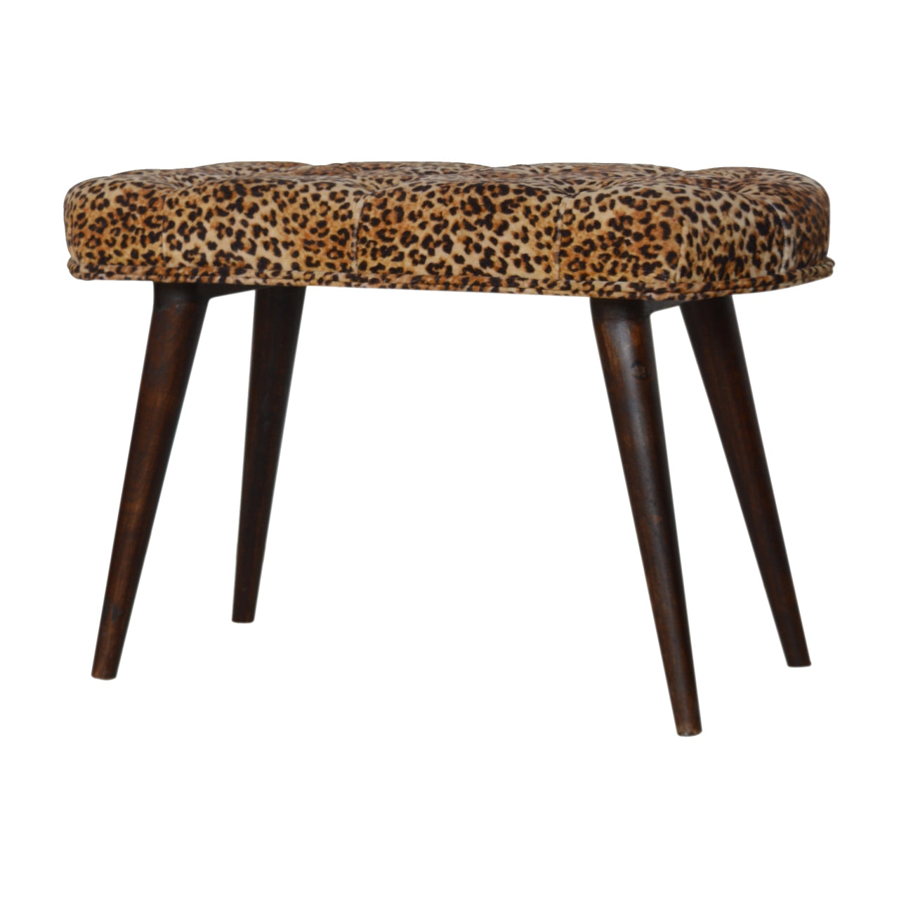 Leopard Print Deep Button Bench Walnut Foam Wood Fabric