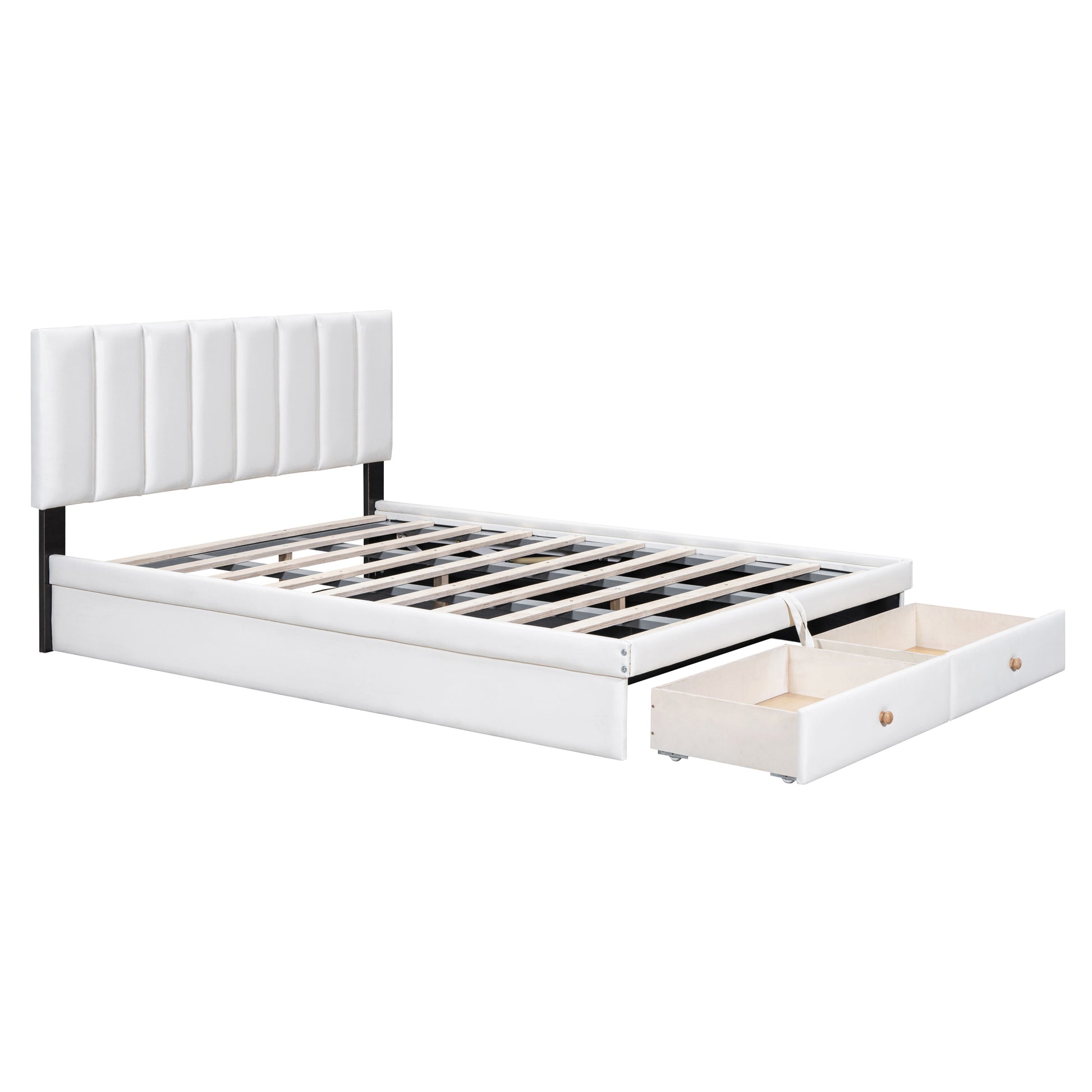 Full Size Upholstered Bed With Hydraulic Storage System And Drawer, White White Pu Leather