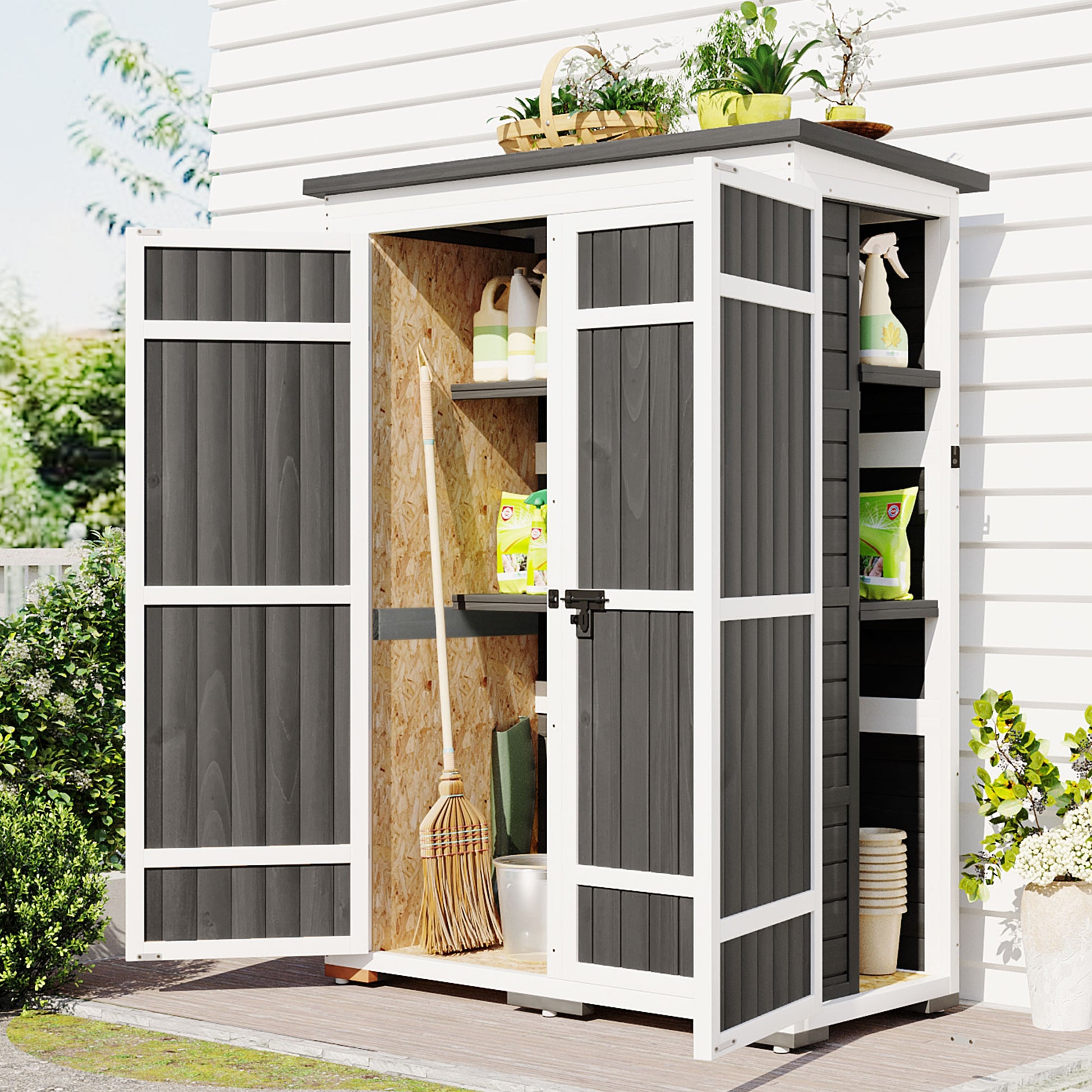 Outdoor 5.5Ft Hx4.1Ft L Wood Storage Shed, Garden Tool Cabinet With Waterproof Asphalt Roof, Four Lockable Doors, Multiple Tier Shelves, White And Gray White Gray Water Resistant Frame Garden &