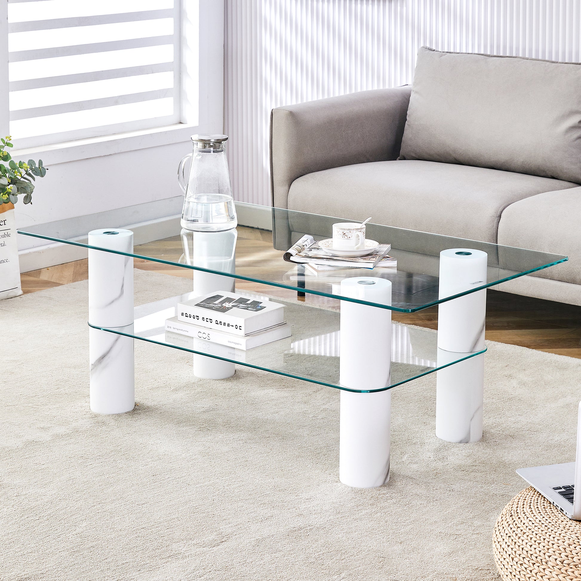 Modern Minimalist Double Layered Transparent Tempered Glass Coffee Table And Coffee Table, Paired With White Mdf Decorative Columns. Computer Desk. Game Table. Ct X02 Transparent Glass