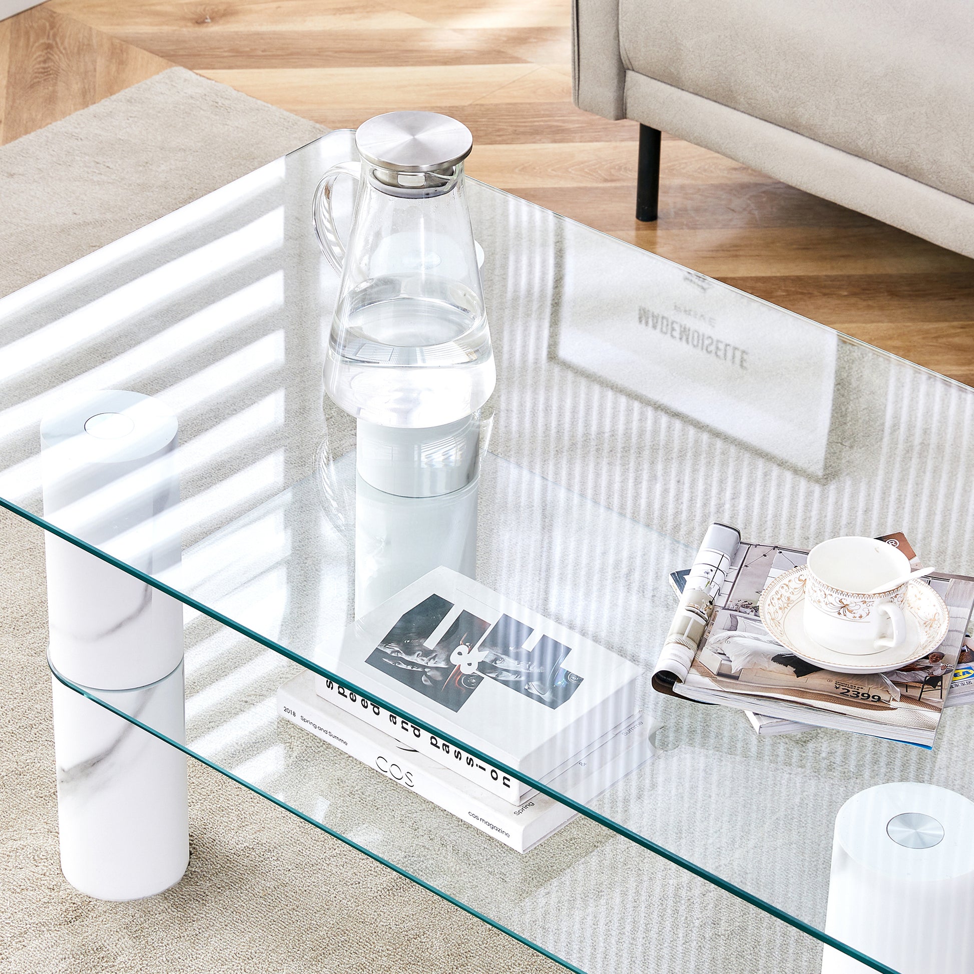 Modern Minimalist Double Layered Transparent Tempered Glass Coffee Table And Coffee Table, Paired With White Mdf Decorative Columns. Computer Desk. Game Table. Ct X02 Transparent Glass