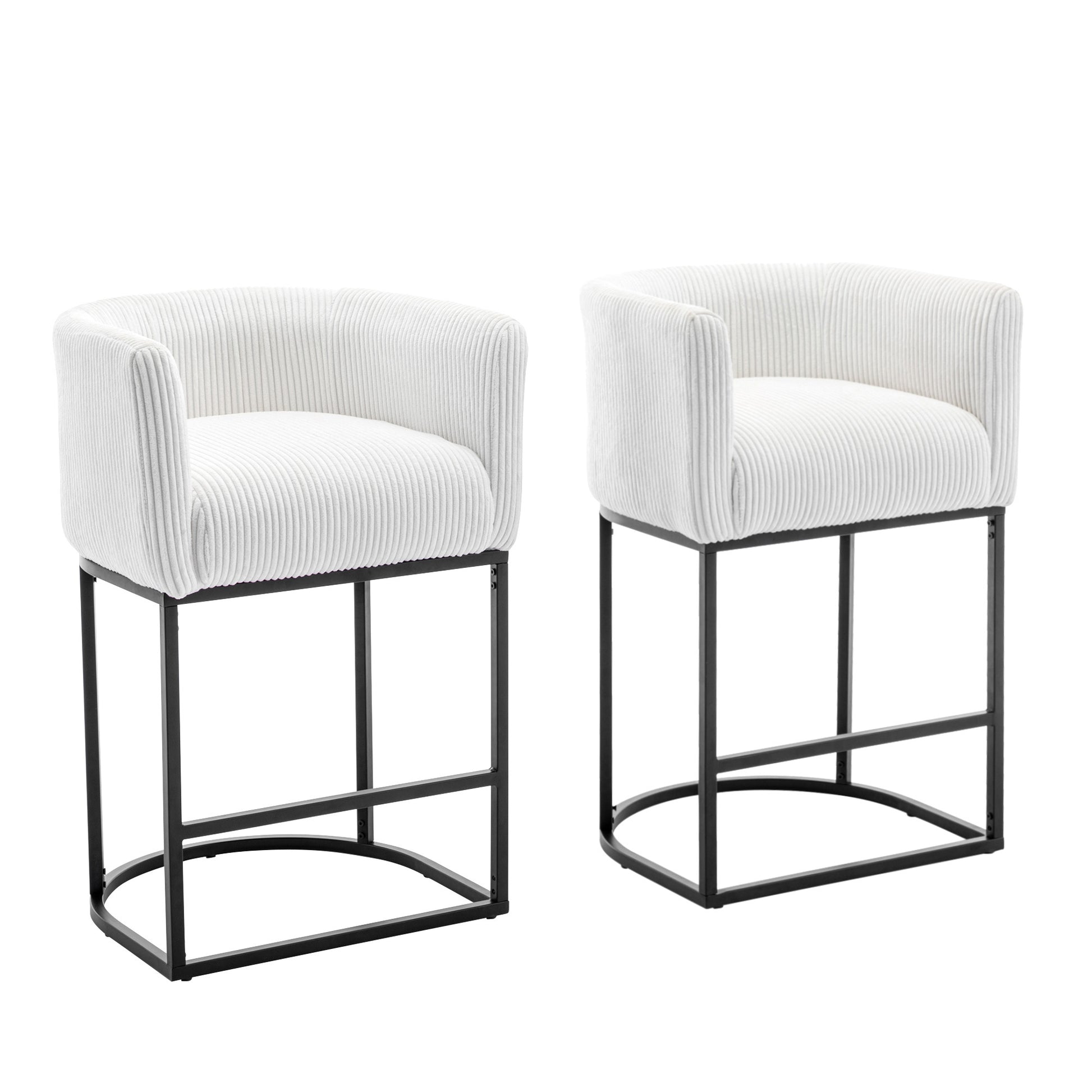 Modern Bar Stools Set Of 2, 27.5" Counter Height Stools With Barrel Back And Arms, Upholstered Seat Cushion Linen Modern Kitchen Island Chair With Black Metal Frame For Kitchen Island, White White Dining Room Powder Coated Sponge Wipe Clean Modern Bar