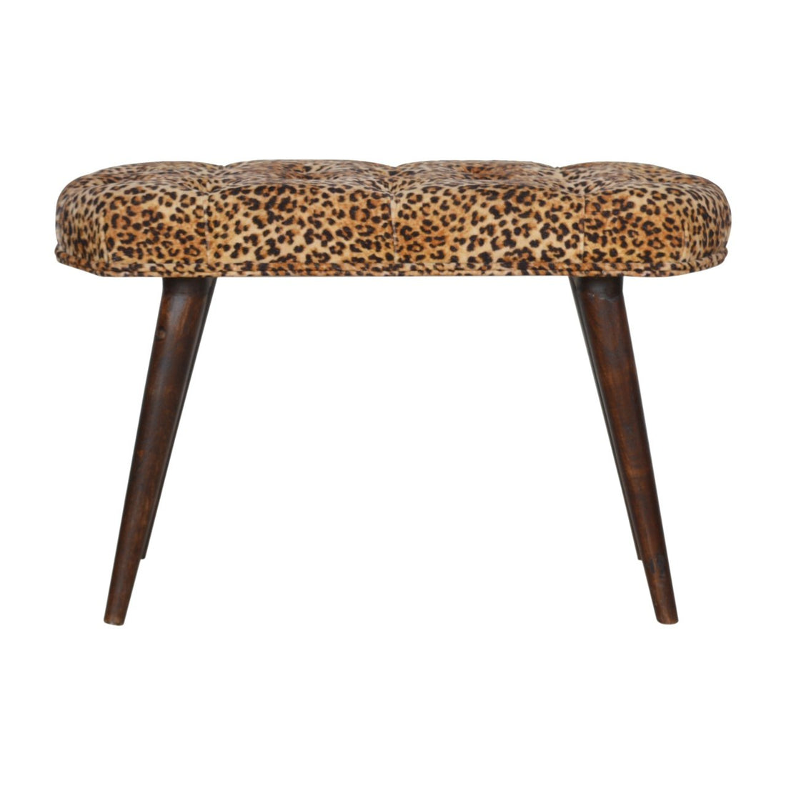 Leopard Print Deep Button Bench Walnut Foam Wood Fabric