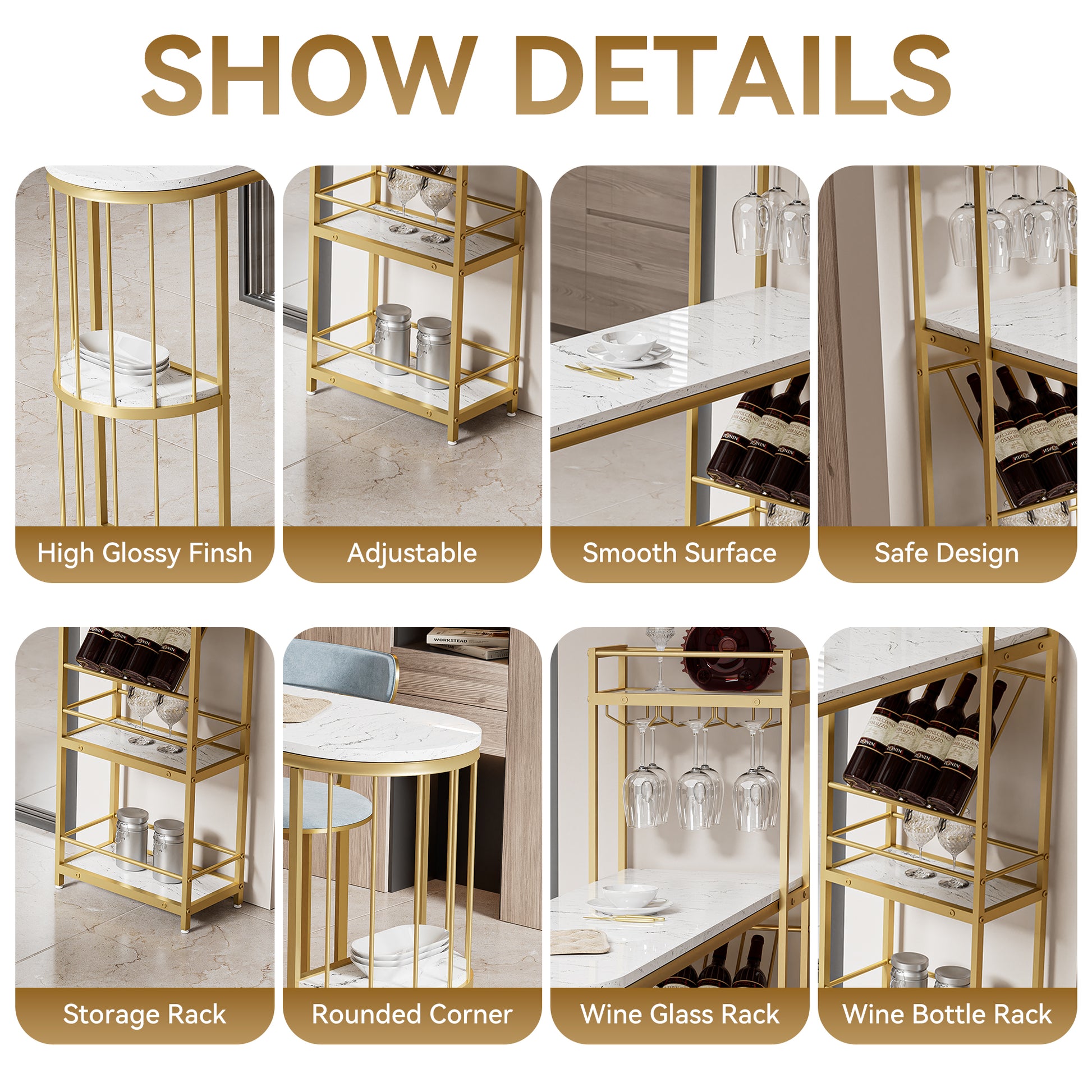 63" Modern White Kitchen Bar Height Dining Table Wood Breakfast Pub Table With Gold Base With Shelves, Glass Rack, Wine Bottle Rack White Gold Dining Room Contemporary Floor Mount Rectangular Kitchen & Dining Tables Glossy Rectangular Mdf Metal