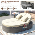 Outdoor Sun Bed Patio 2 Person Daybed With Cushions And Pillows, Rattan Garden Reclining Chaise Lounge With Adjustable Backrests And Foldable Cup Trays For Lawn, Poolside, Beige Yes Complete Patio Set Beige Weather Resistant Frame Water Resistant Cushion